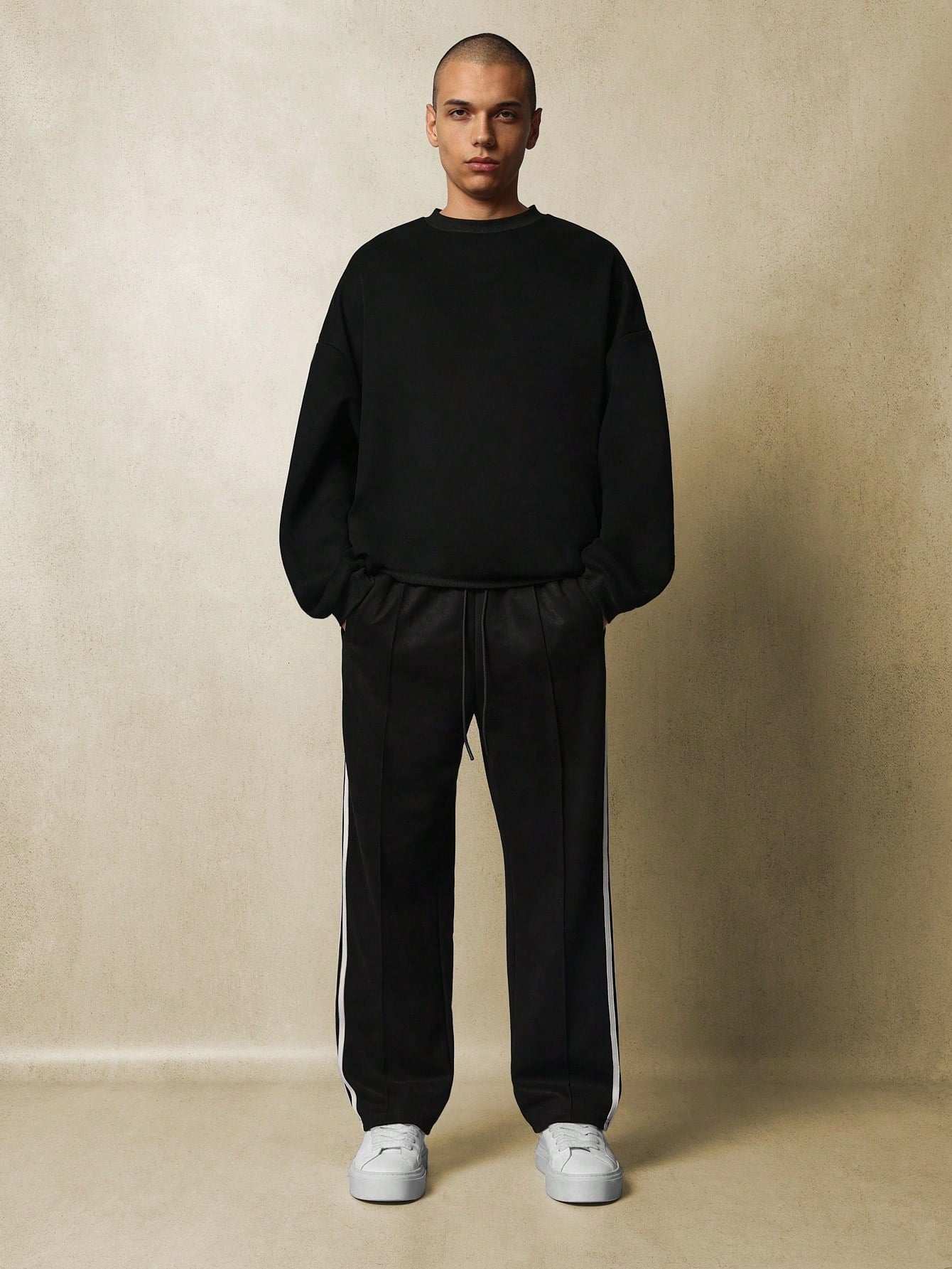 Straight Fit Sweatpants With Side Tape & Pintucks