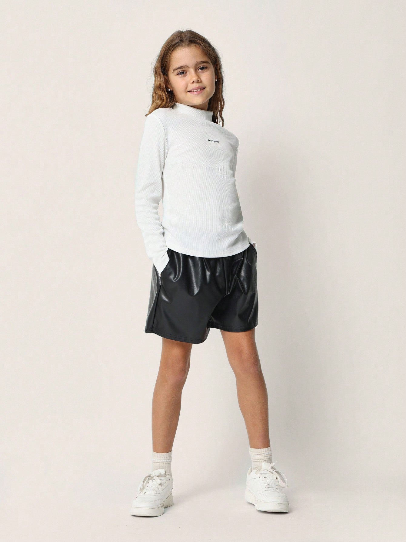 Tween Girls Relaxed Rib Long Sleeve Crop Tee & PU Short 2 Piece Set