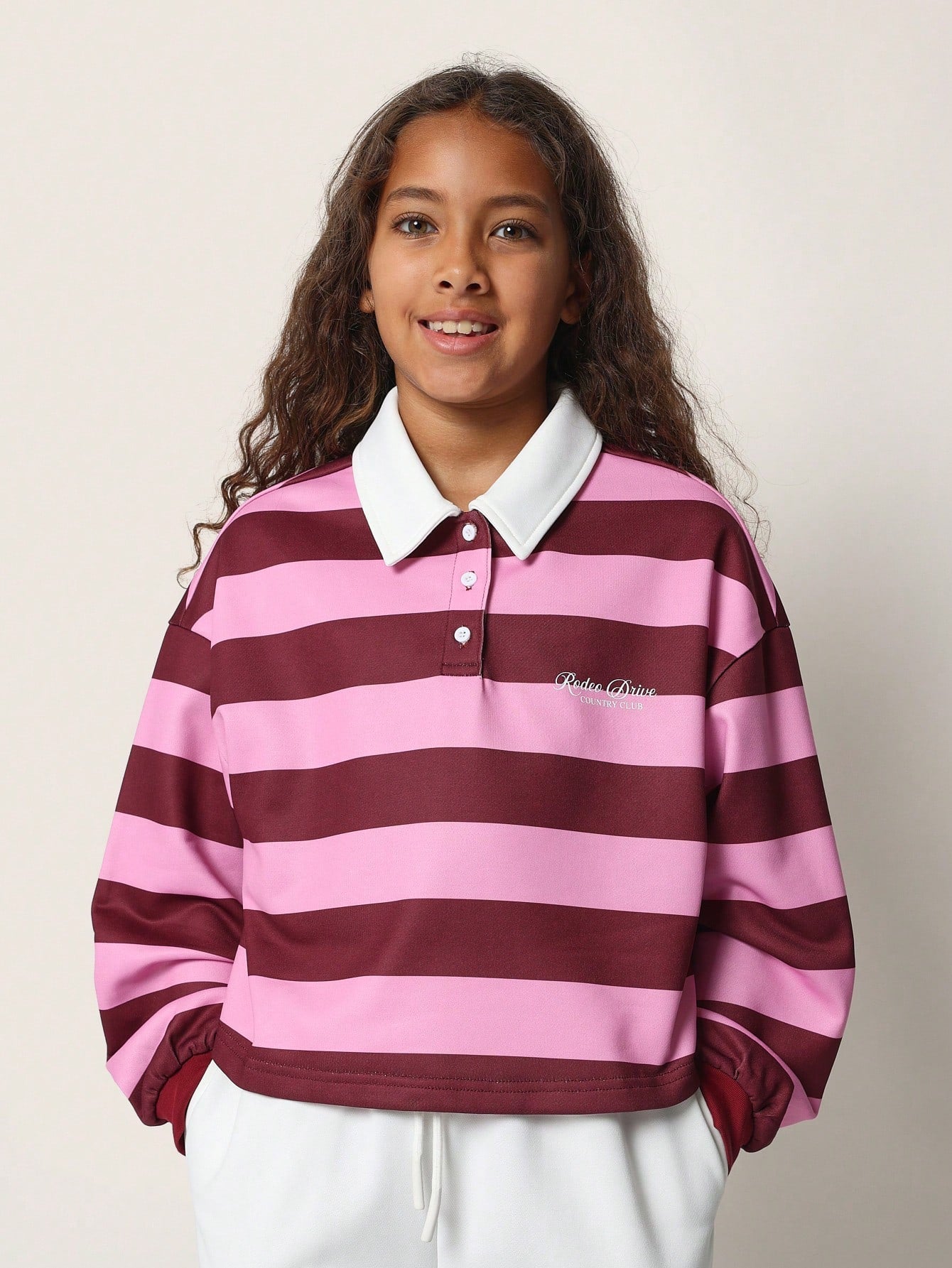 Tween Girls Comfy Boxy Fit Rugby Pink Stripe Long Sleeve Polo Short