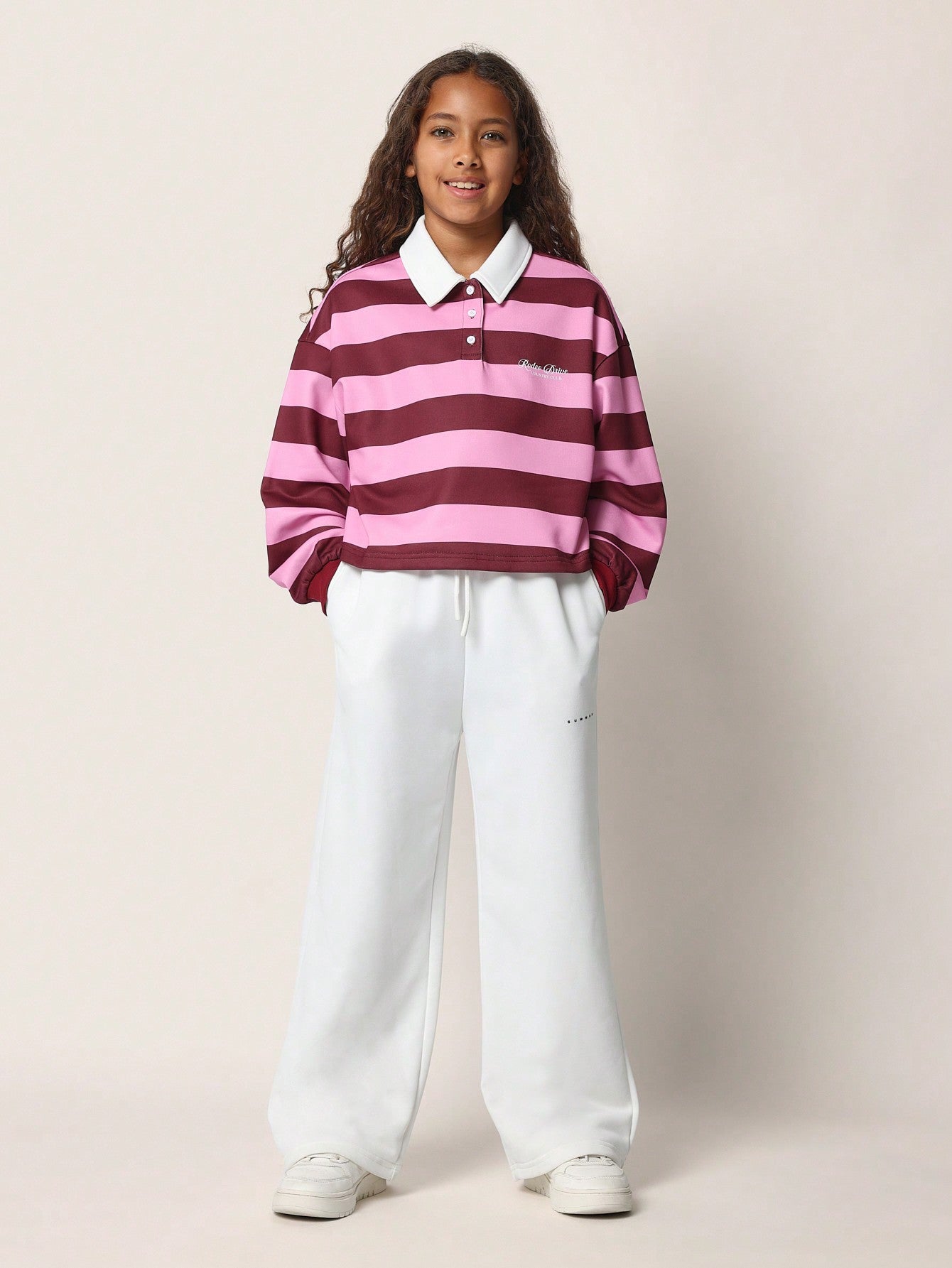 Tween Girls Comfy Boxy Fit Rugby Pink Stripe Long Sleeve Polo Short