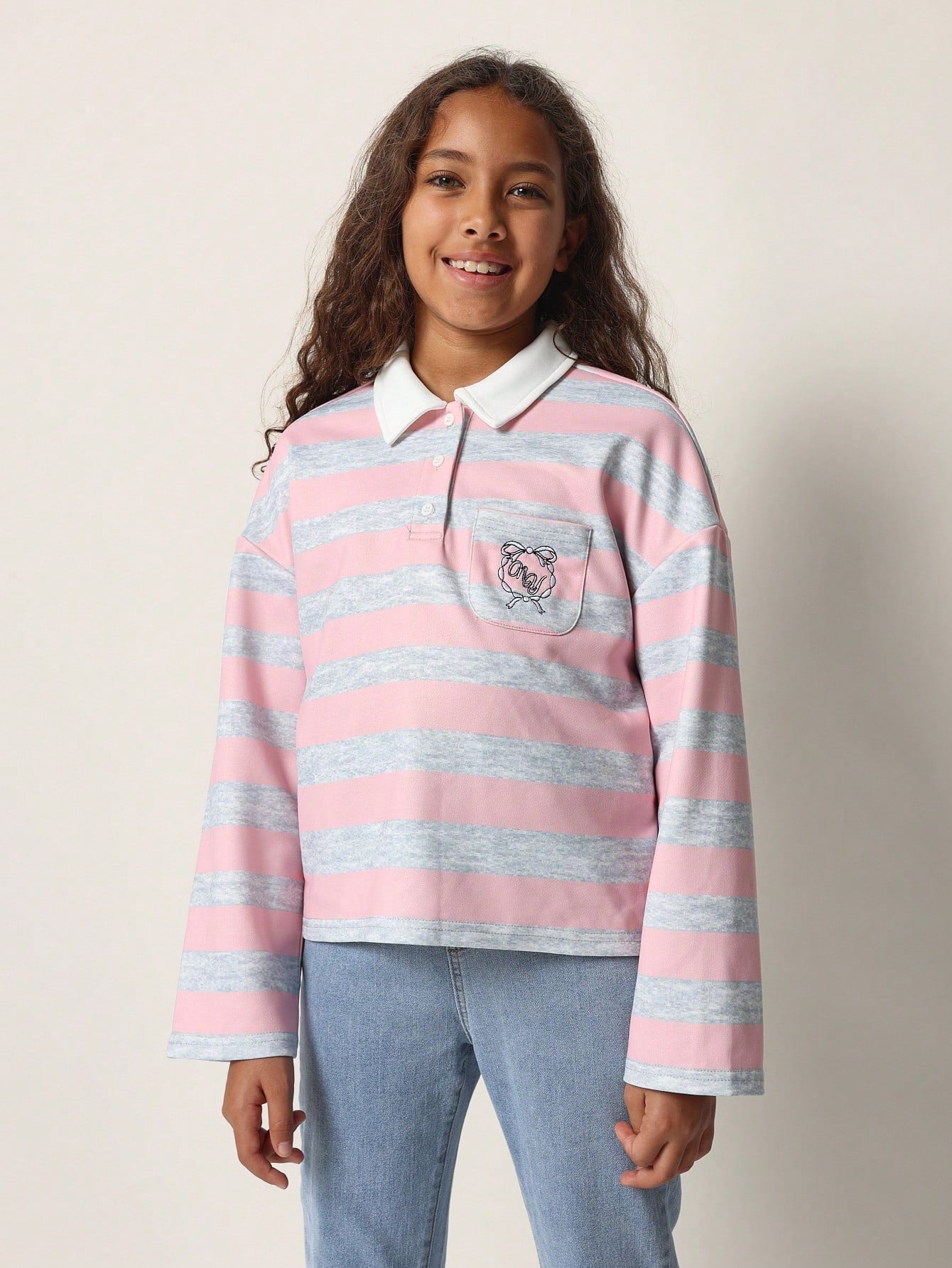 Tween Girls Comfy Boxy Fit Rugby Pink & Grey Stripe Long Sleeve Polo Tee