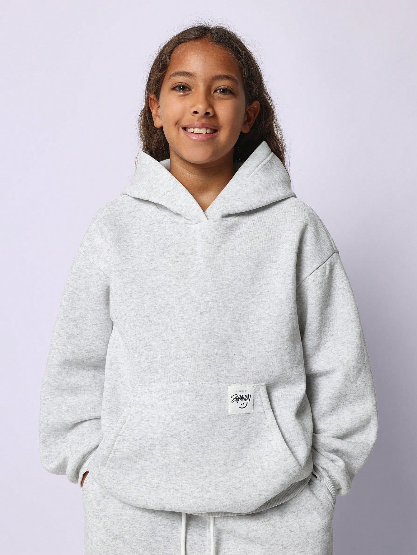 Tween Girls Comfy Grey Marl Overhead Essential Hoodie & Sweatpants With Embroidery 2 Piece Set