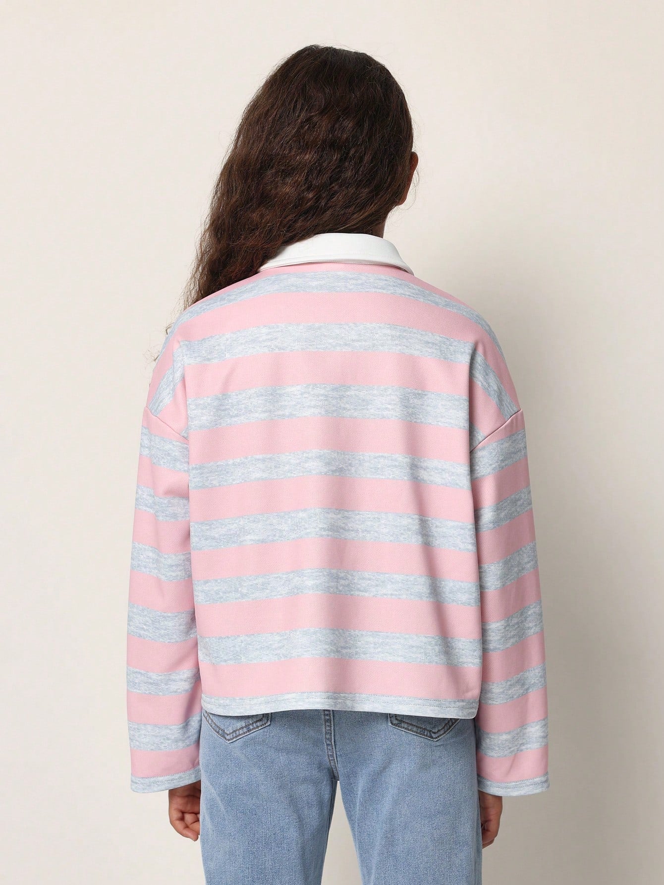 Tween Girls Comfy Boxy Fit Rugby Pink & Grey Stripe Long Sleeve Polo Tee