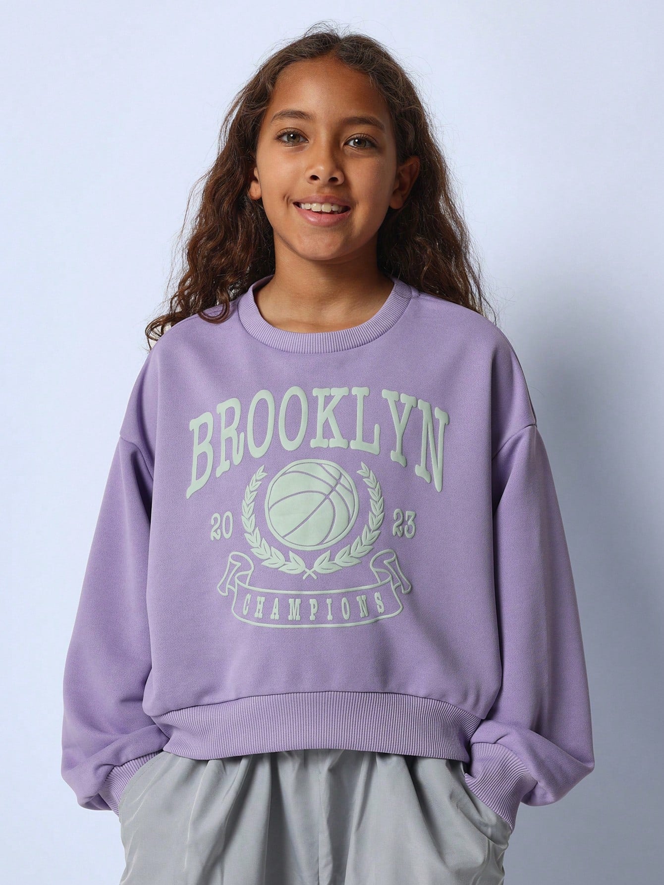 Tween Girls Comfy Lilac Vintage Sweatshirts With Puff Graphic Print