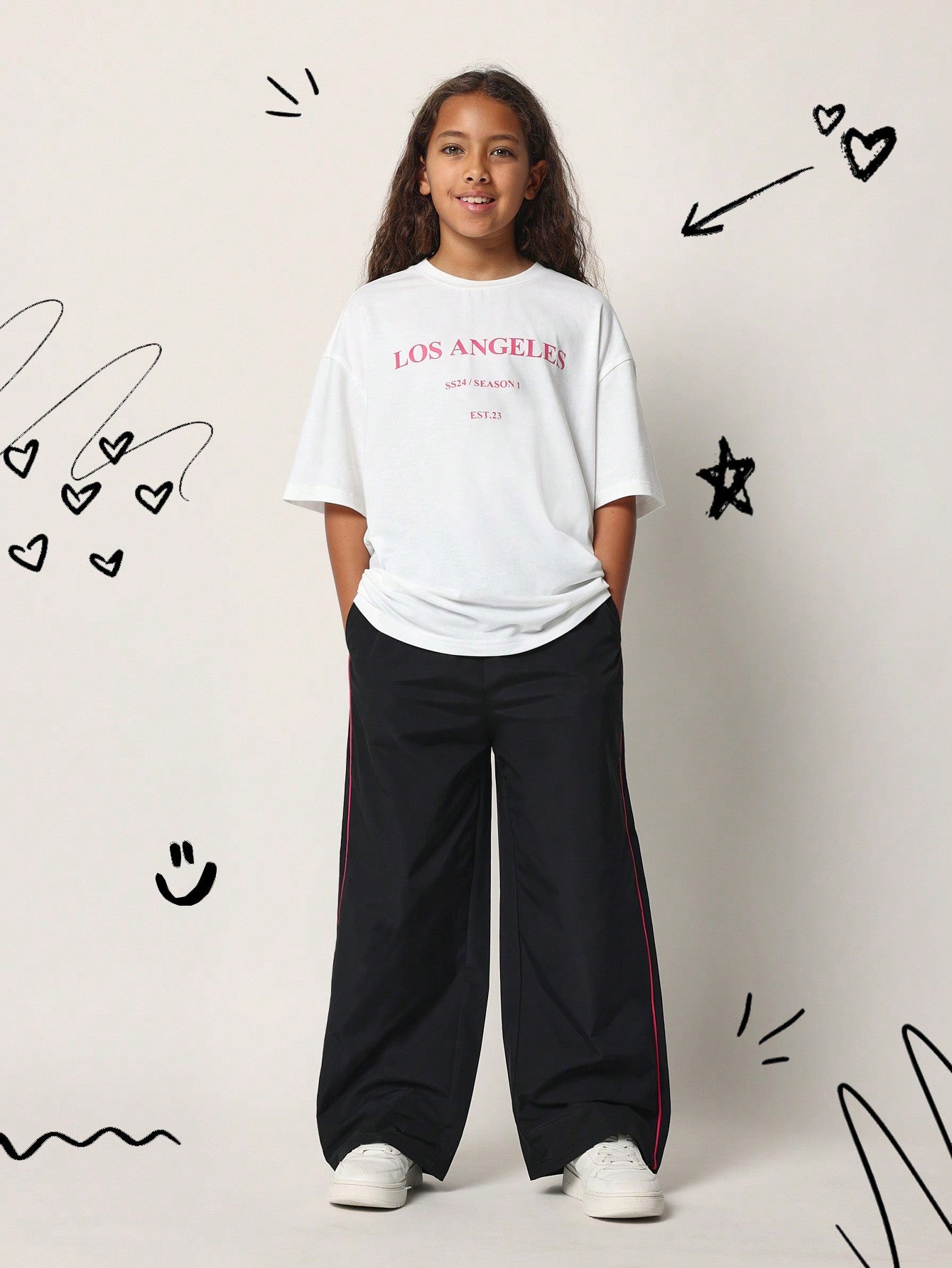 Tween Girls Oversized Tee With Los Angeles Graphic Print And Baggy Track Pant 2 Piece Set