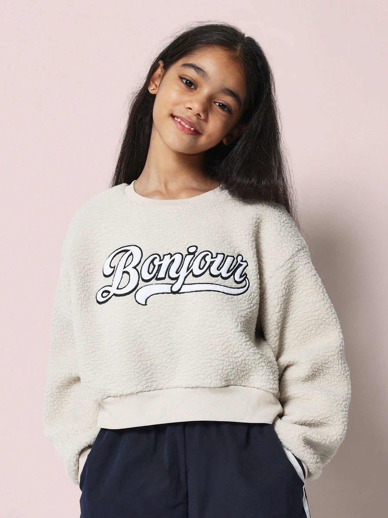 Tween Girls Comfy Cropped Borg Bonjour Embroidered Sweatshirt