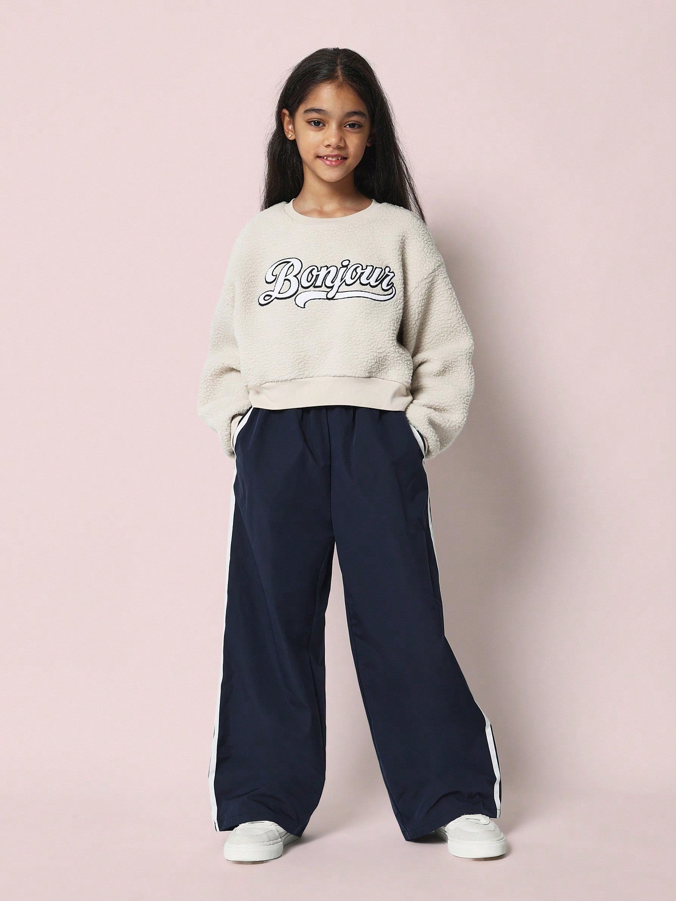 Tween Girls Comfy Cropped Borg Bonjour Embroidered Sweatshirt