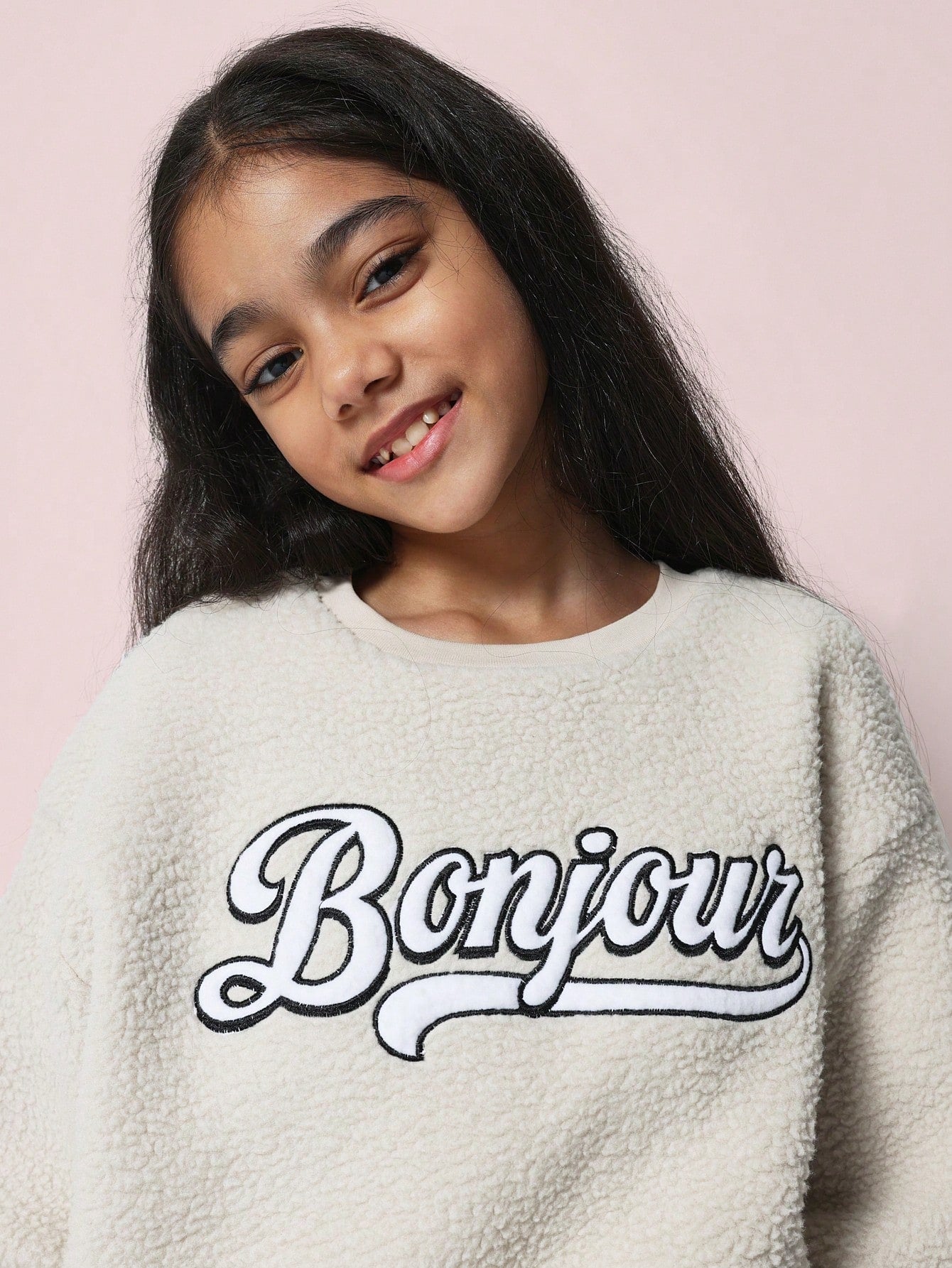 Tween Girls Comfy Cropped Borg Bonjour Embroidered Sweatshirt