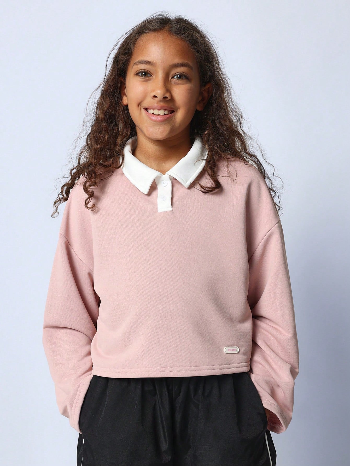 Tween Girls Comfy Boxy Fit Long Sleeve Contrast Collar Polo Shirt