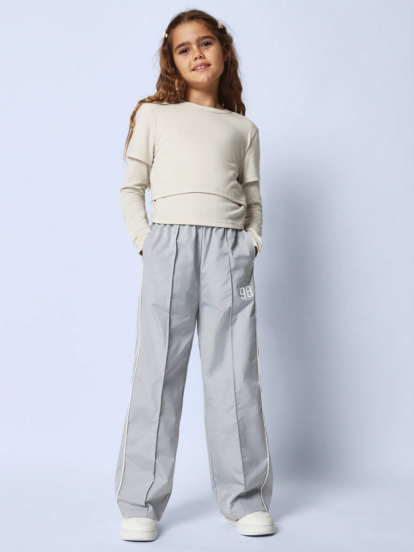 Tween Girls Wide Leg Track Pant With Pleats And Piping Detail