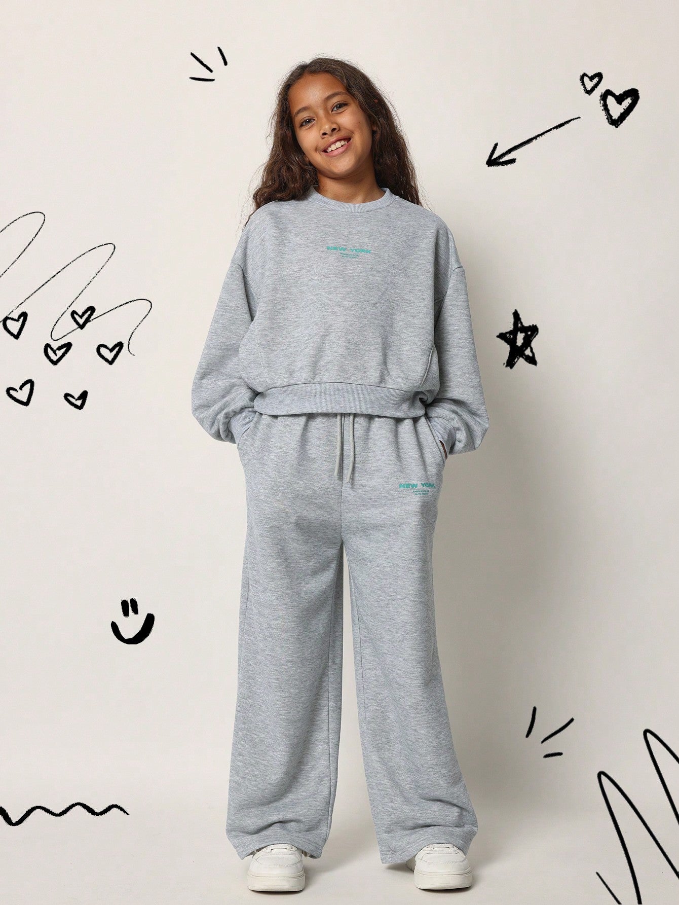 Tween Girls Comfy Essential Crewneck New York Sweatshirt And Straight Fit Sweatpants 2 Piece Set