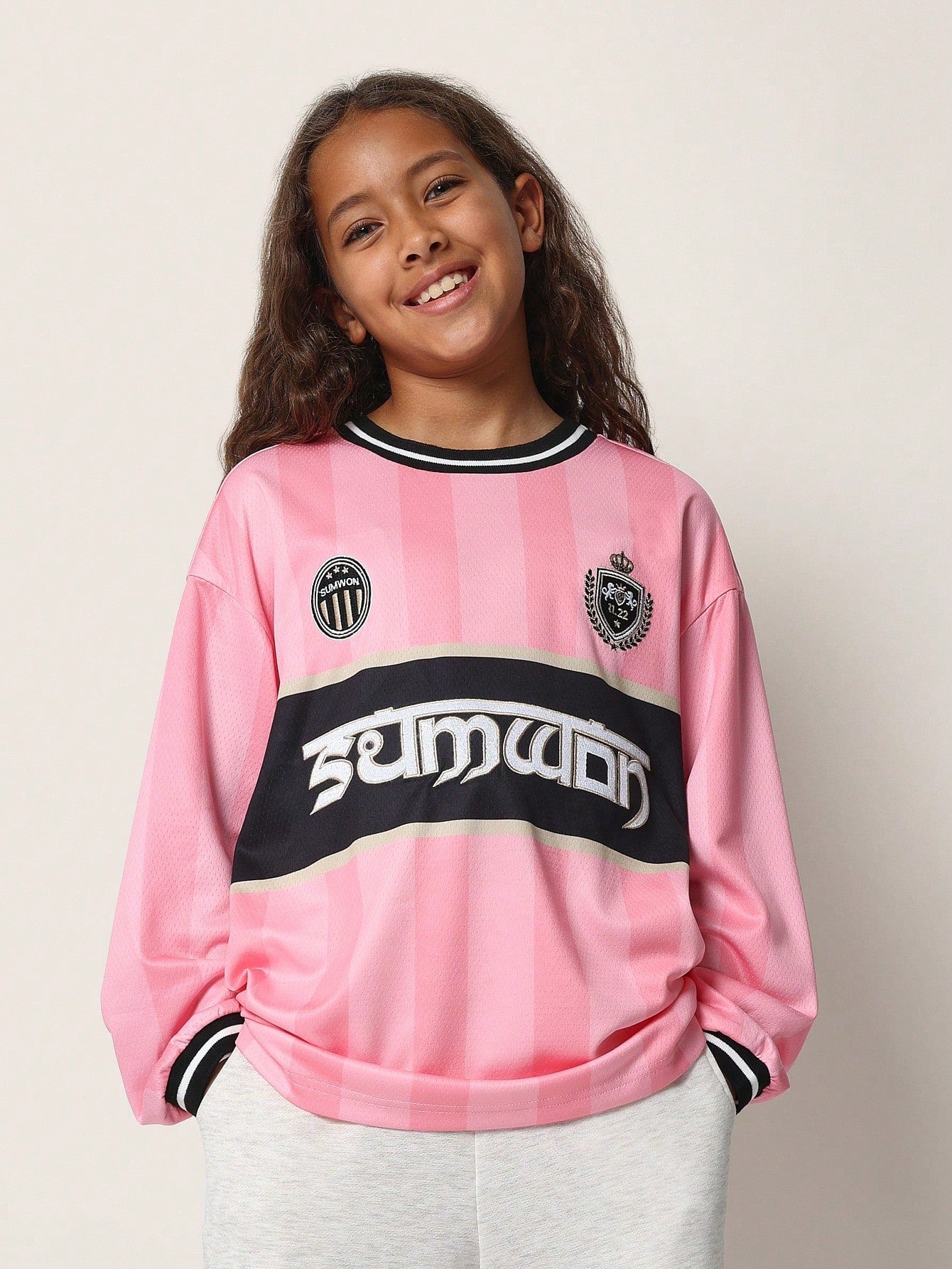 Tween Girls Comfy Oversized Long Sleeve Pink Football Tee With Graphic Print And Patch