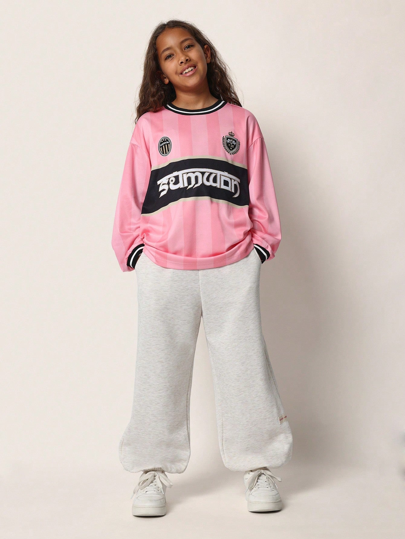 Tween Girls Comfy Oversized Long Sleeve Pink Football Tee With Graphic Print And Patch