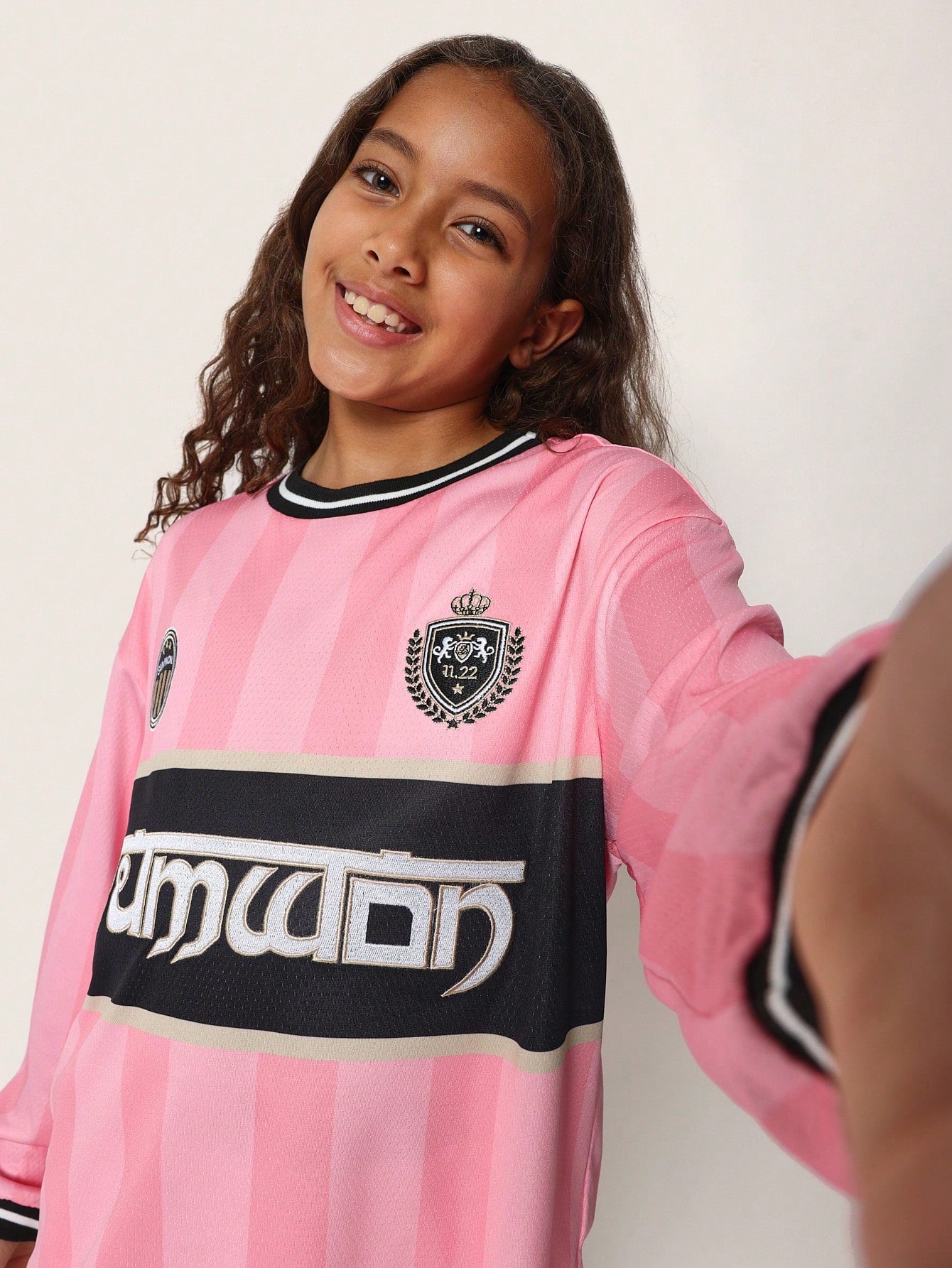 Tween Girls Comfy Oversized Long Sleeve Pink Football Tee With Graphic Print And Patch