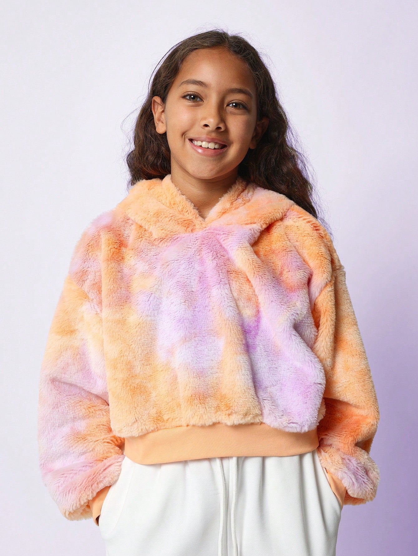 Tween Girls Comfy Crop Fit Tie Dye Fur Hoodie