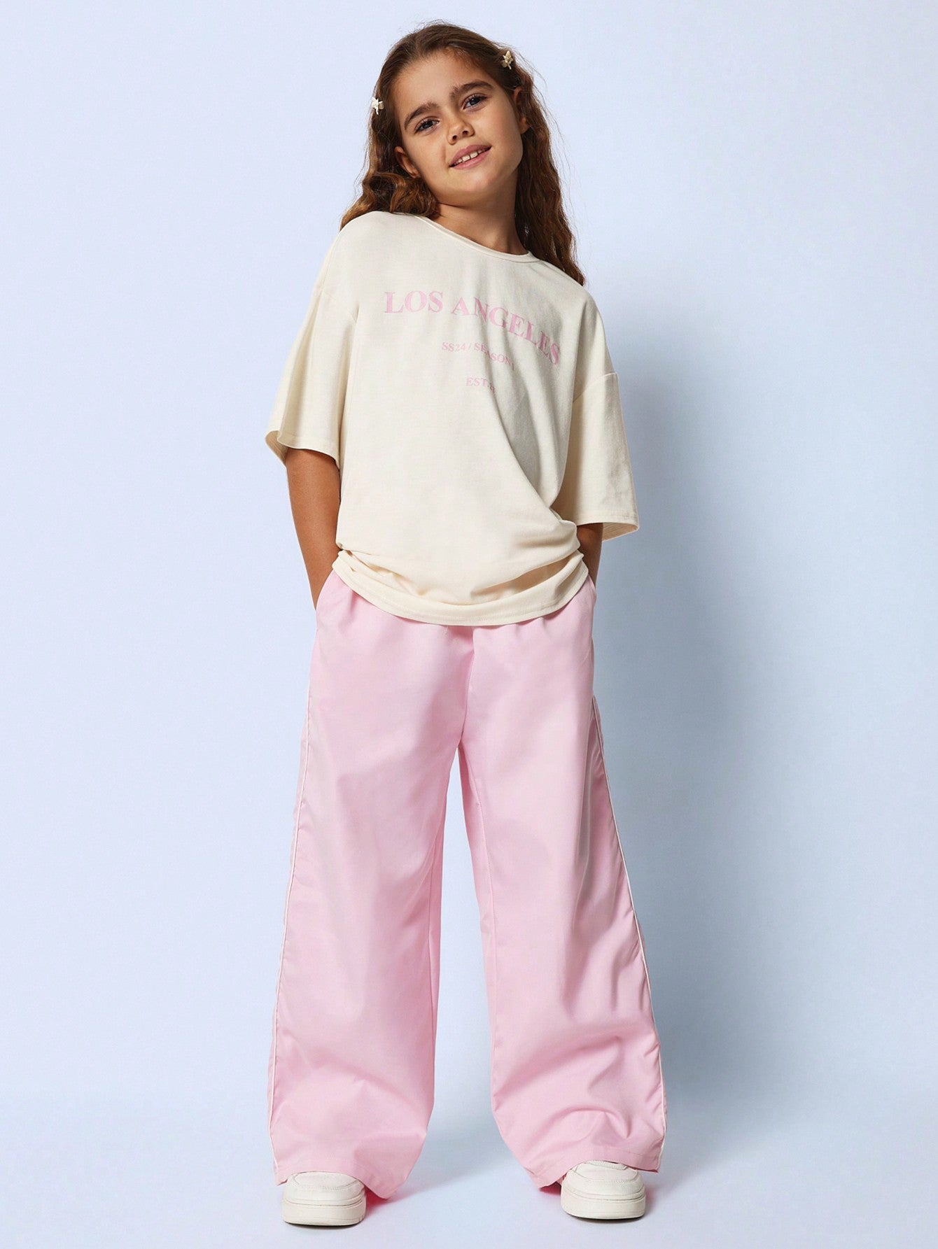 Tween Girls Oversized Tee With Los Angeles Graphic Print And Baggy Track Pant 2 Piece Set