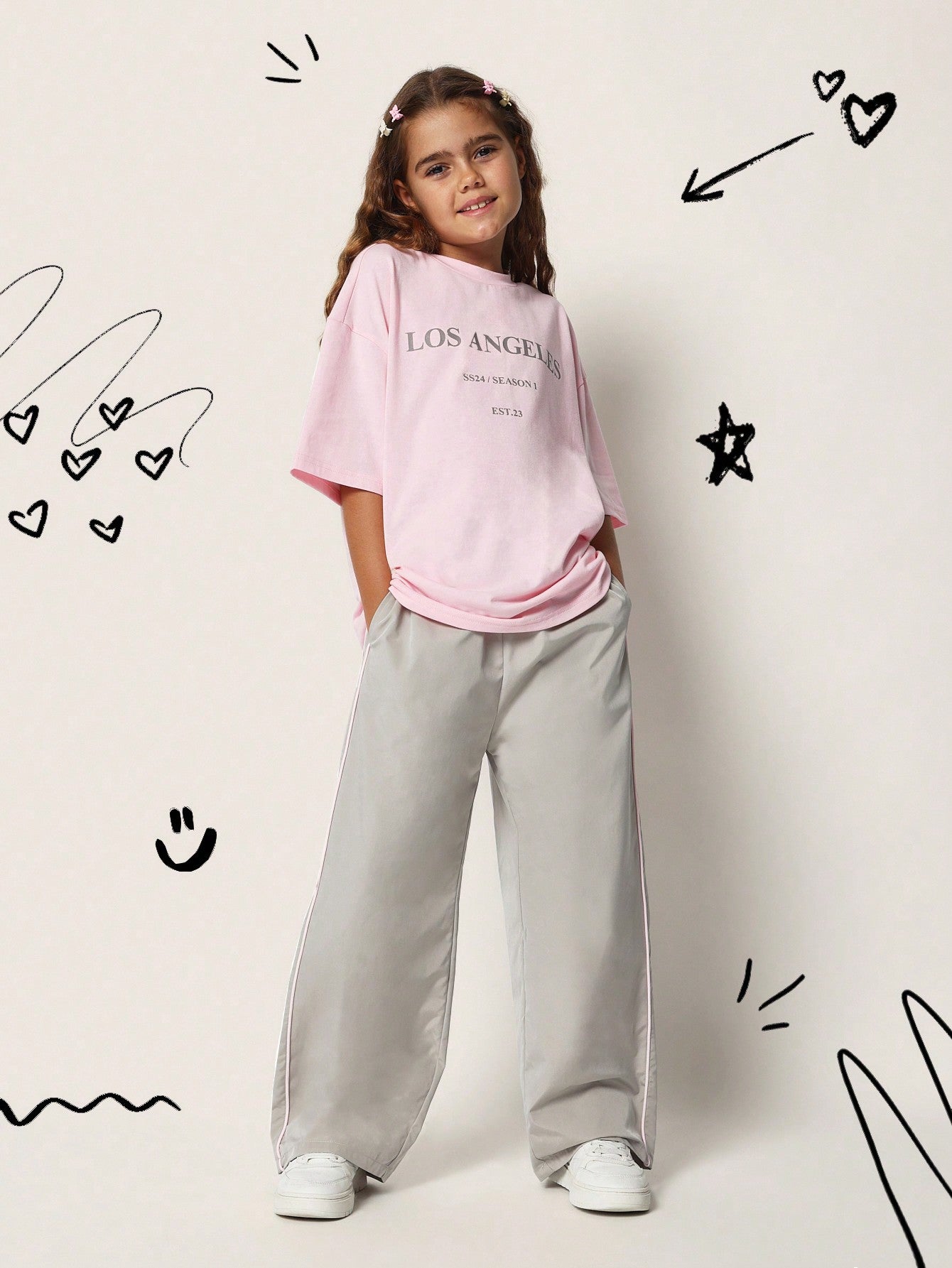 Tween Girls Oversized Tee With Los Angeles Graphic Print And Baggy Track Pant 2 Piece Set