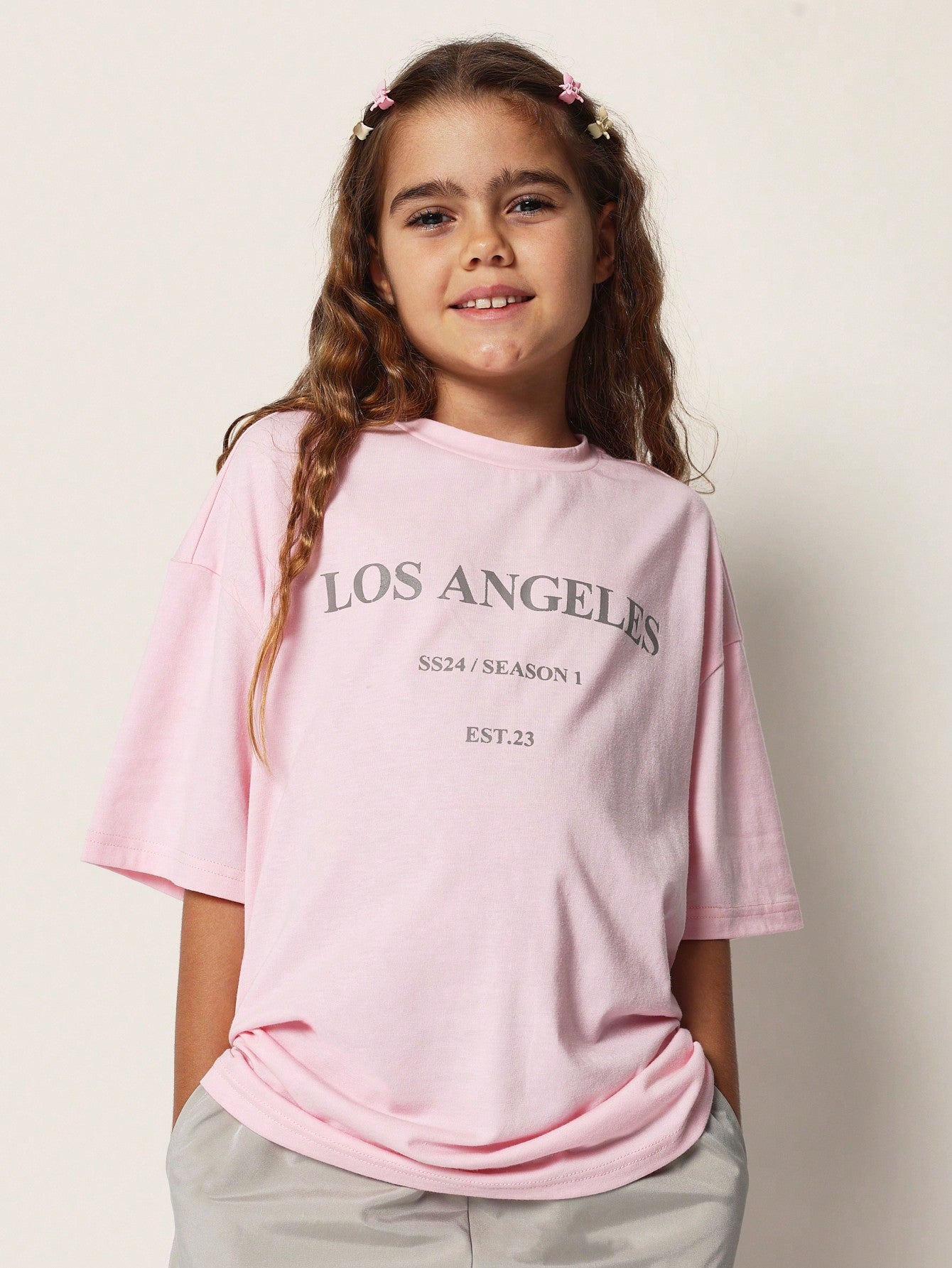 Tween Girls Oversized Tee With Los Angeles Graphic Print And Baggy Track Pant 2 Piece Set