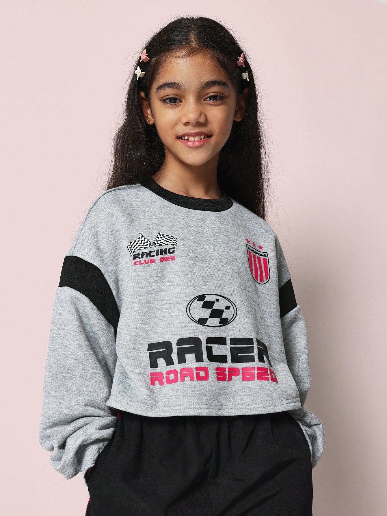 Tween Girls Comfy Racer Style Crop Sweatshirt With Graphic Print