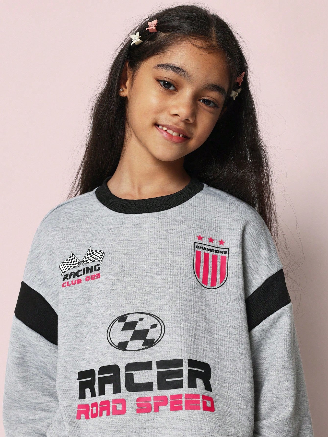 Tween Girls Comfy Racer Style Crop Sweatshirt With Graphic Print