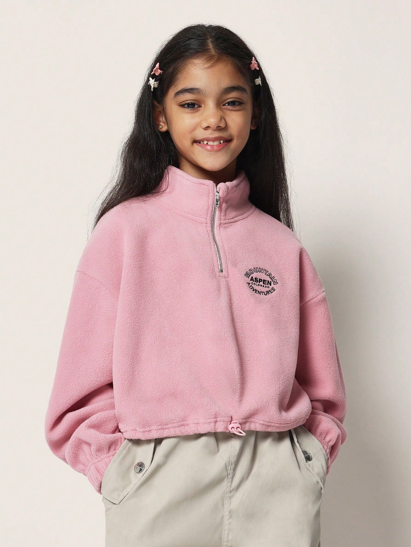 Tween Girls Comfy Cropped Borg Funnel Neck Half Zip Sweater With Embroidery