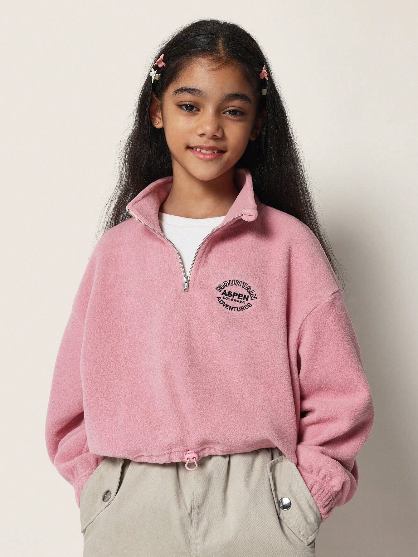 Tween Girls Comfy Cropped Borg Funnel Neck Half Zip Sweater With Embroidery