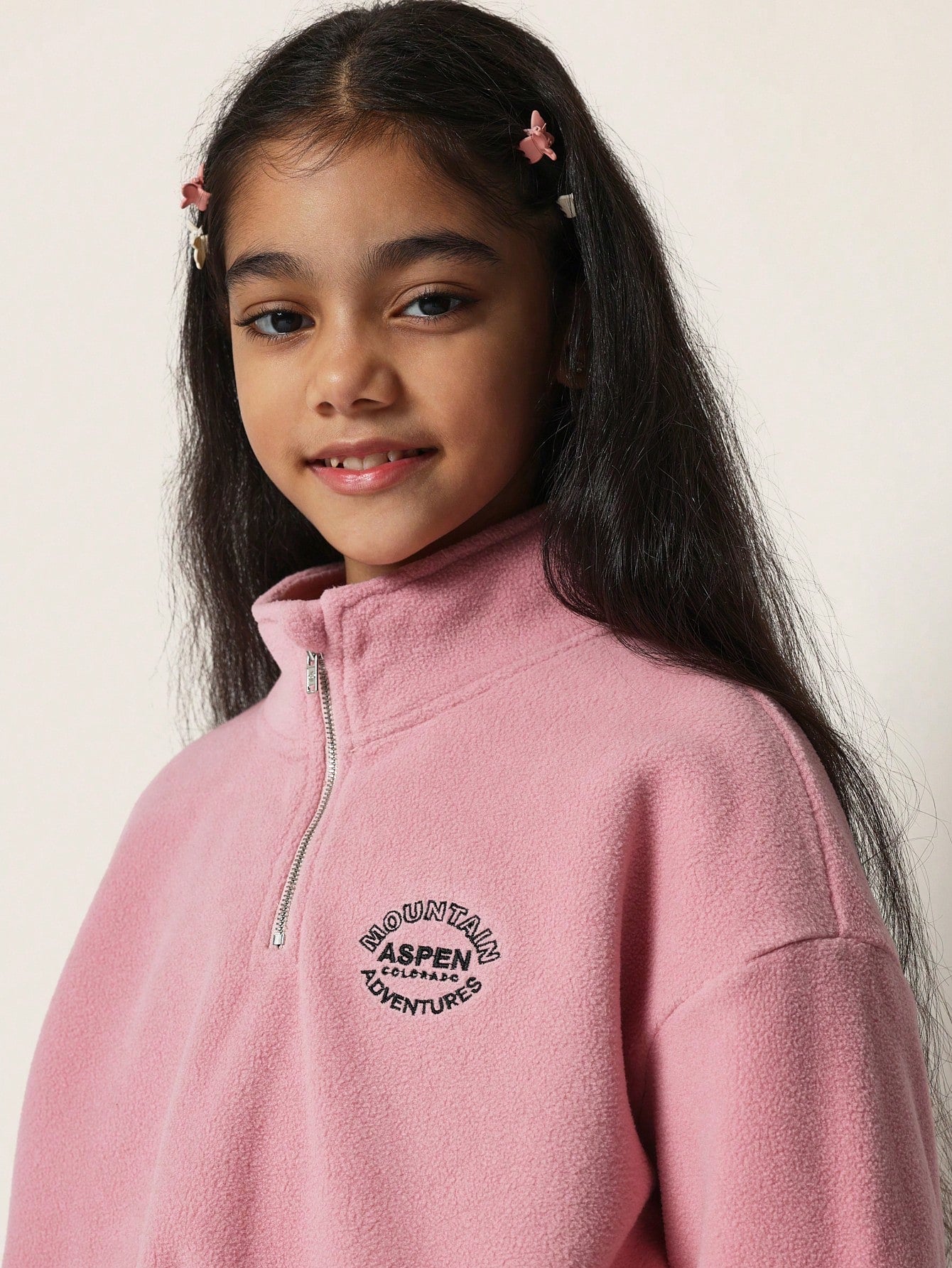 Tween Girls Comfy Cropped Borg Funnel Neck Half Zip Sweater With Embroidery