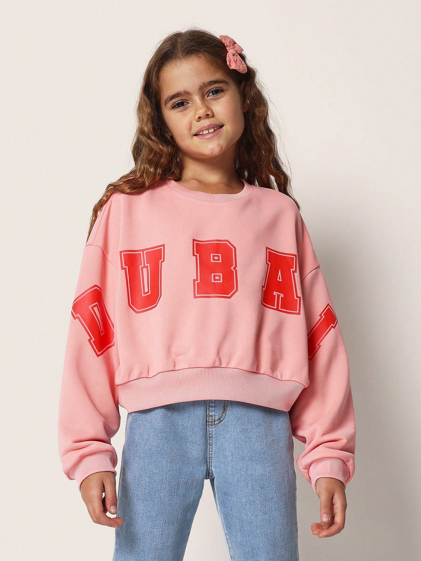 Tween Girls Comfy Crop Fit Crew Neck Sweatshirt With Large Dubai Graphic Print