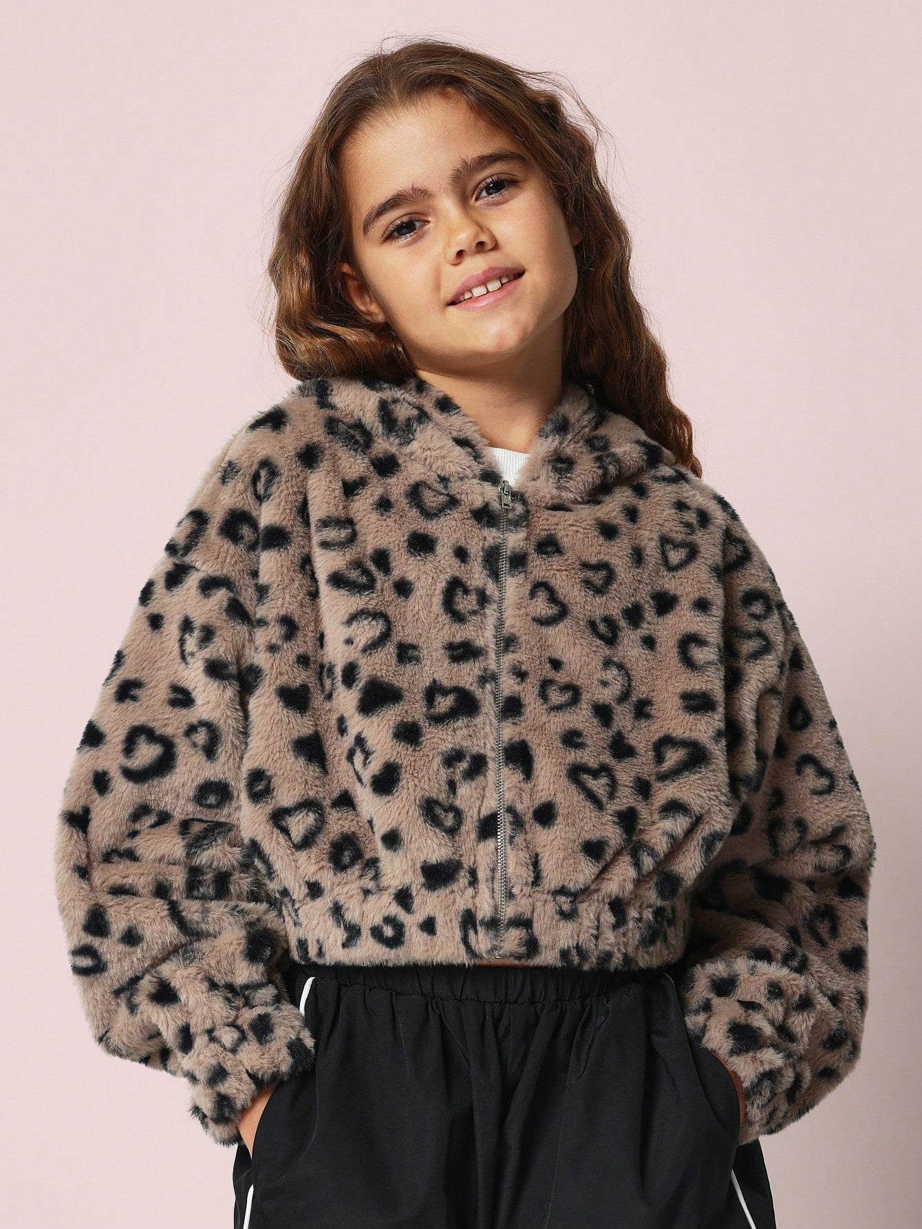 Tween Girls Crop Fit Soft Leopard Print Fur Zip Up Hoodie Jacket