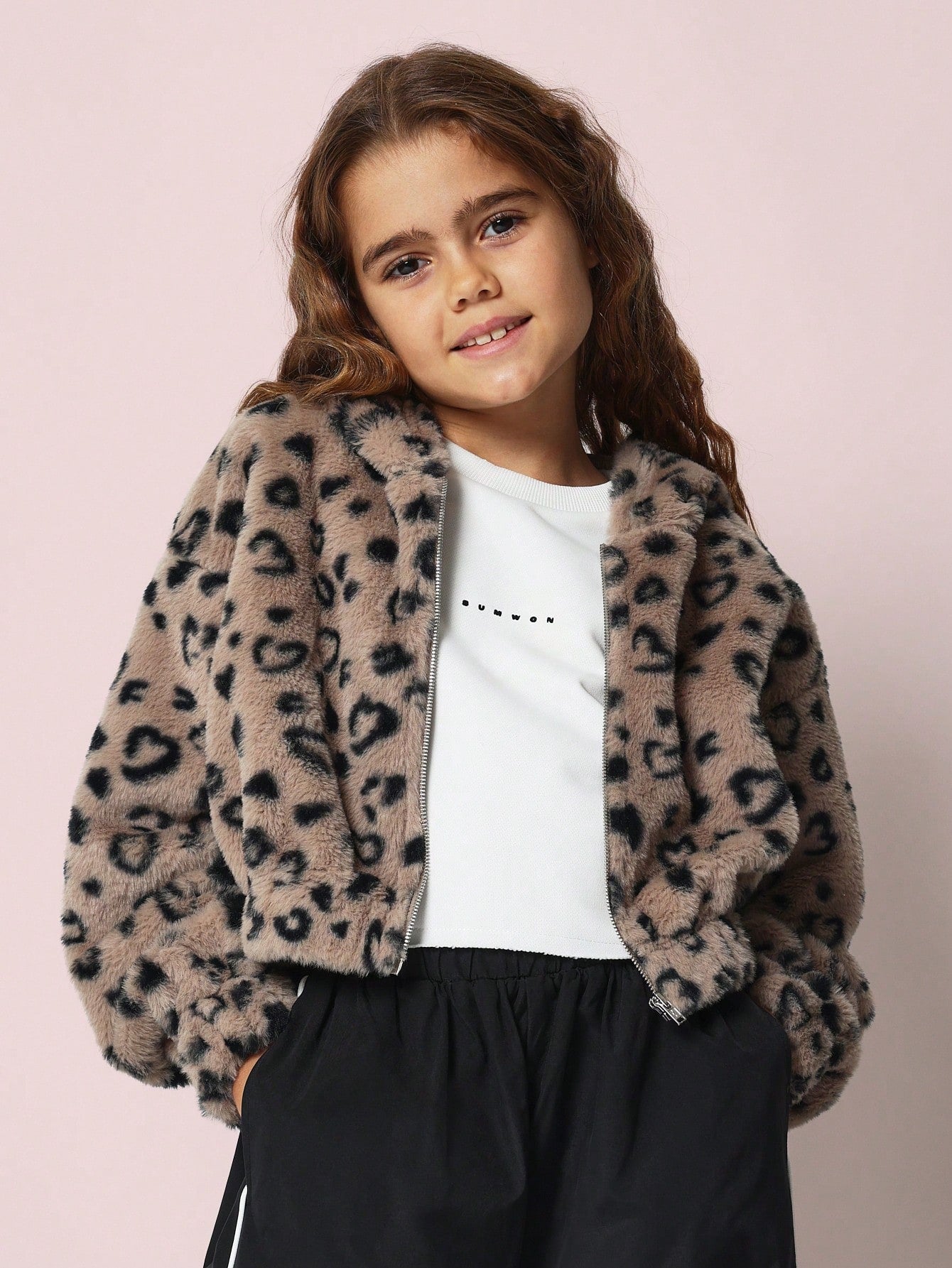 Tween Girls Crop Fit Soft Leopard Print Fur Zip Up Hoodie Jacket