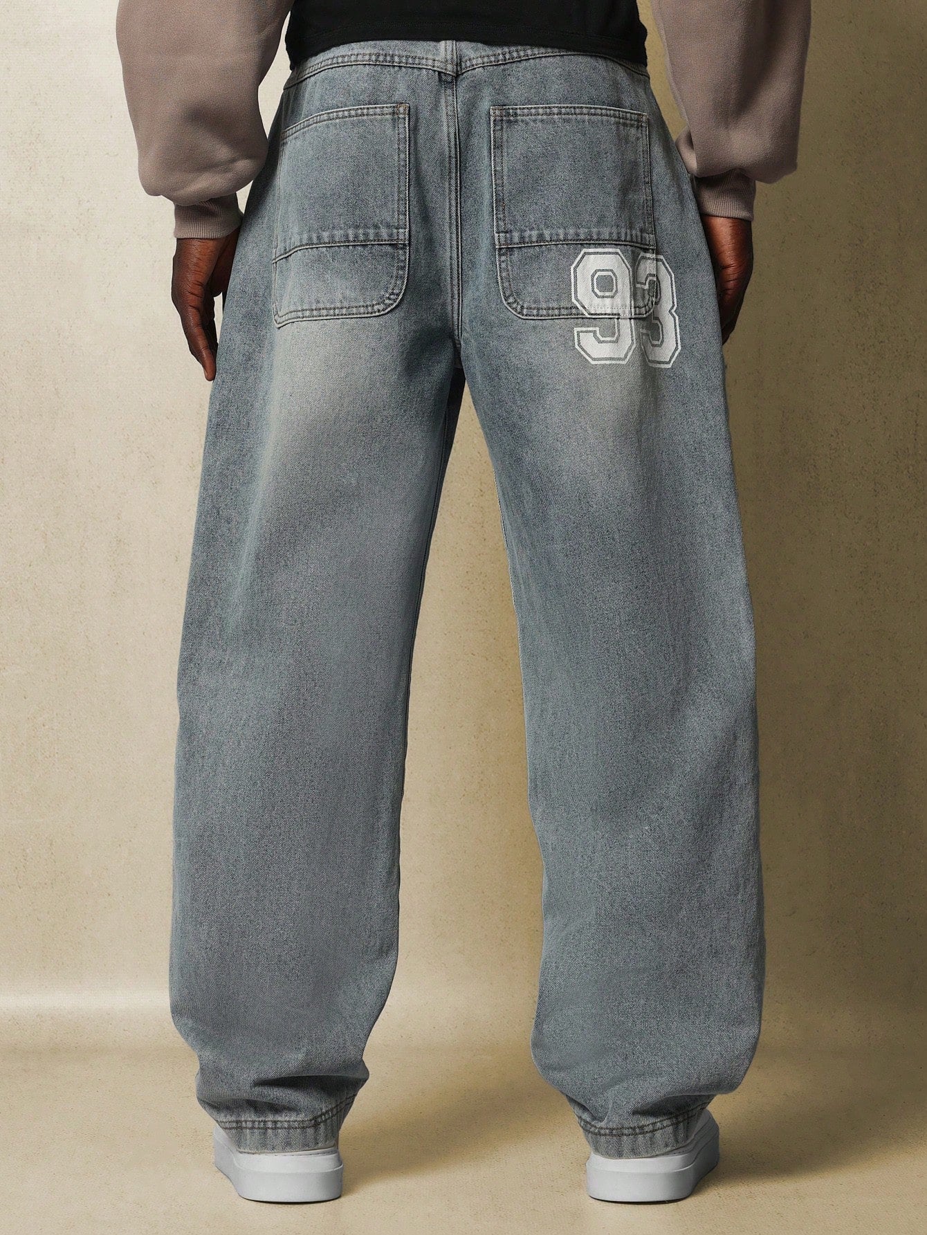 Skater Fit Denim Pants With Number Graphic Print