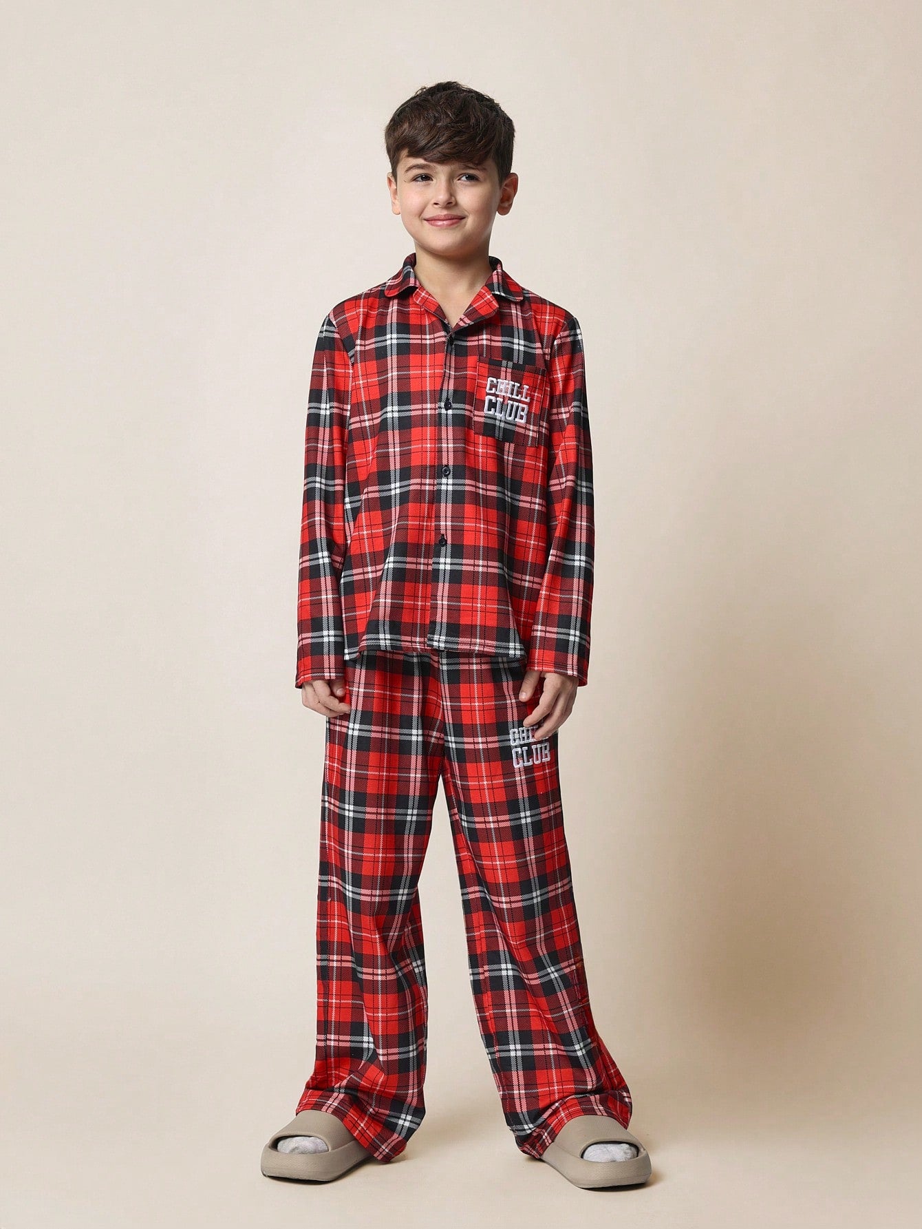 Tween Boys Comfy Christmas Check Long Sleeve Shirt And Pant 2 Piece Pyjamas Set