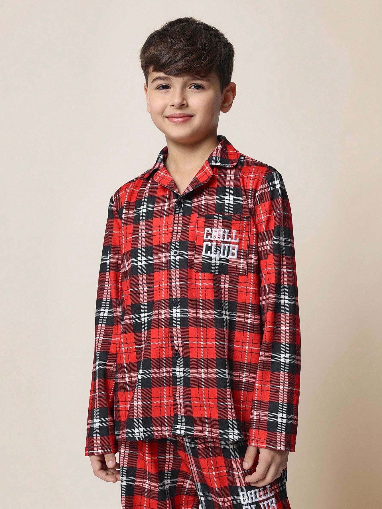 Tween Boys Comfy Christmas Check Long Sleeve Shirt And Pant 2 Piece Pyjamas Set