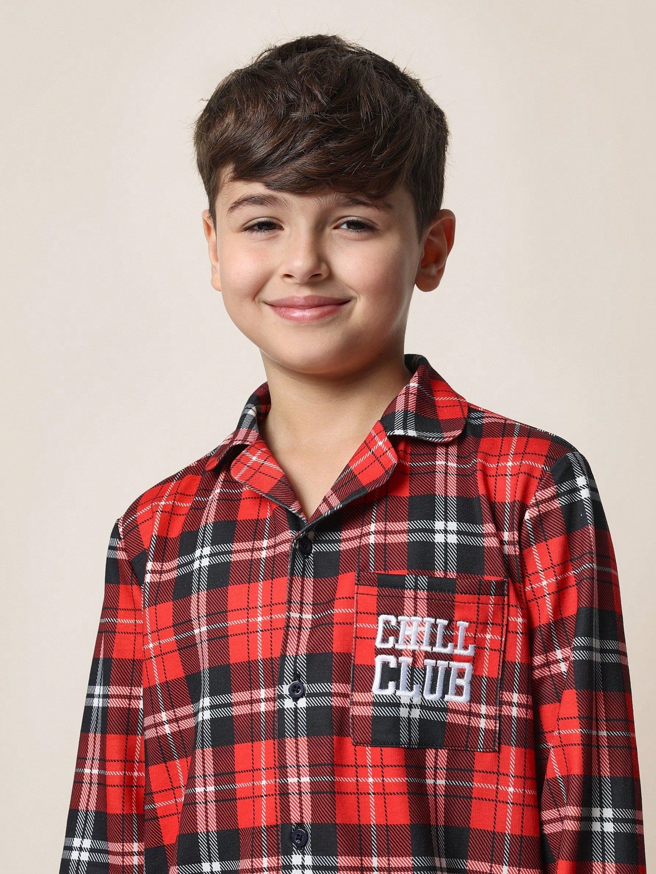 Tween Boys Comfy Christmas Check Long Sleeve Shirt And Pant 2 Piece Pyjamas Set