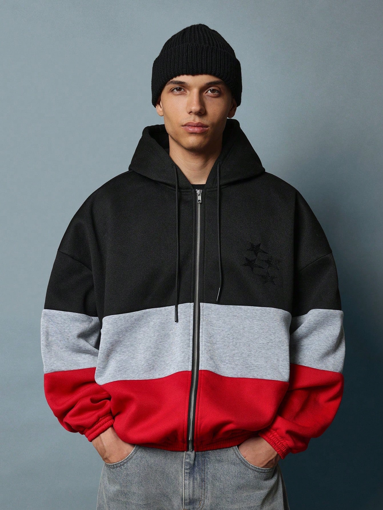 Regualr Fit Zip-Up Colour Block Hoodie With Embroidery