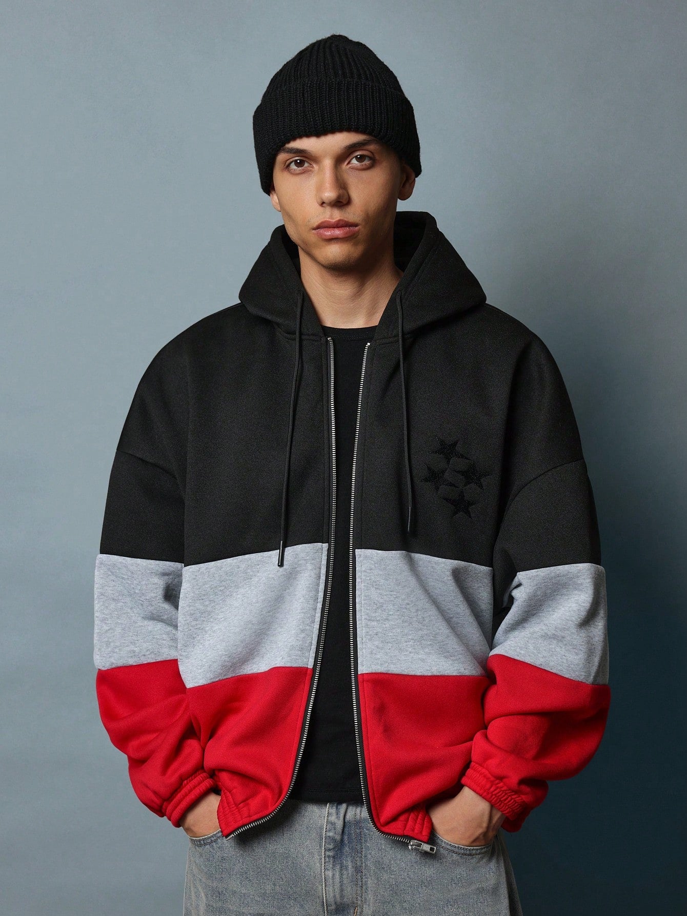 Regualr Fit Zip-Up Colour Block Hoodie With Embroidery