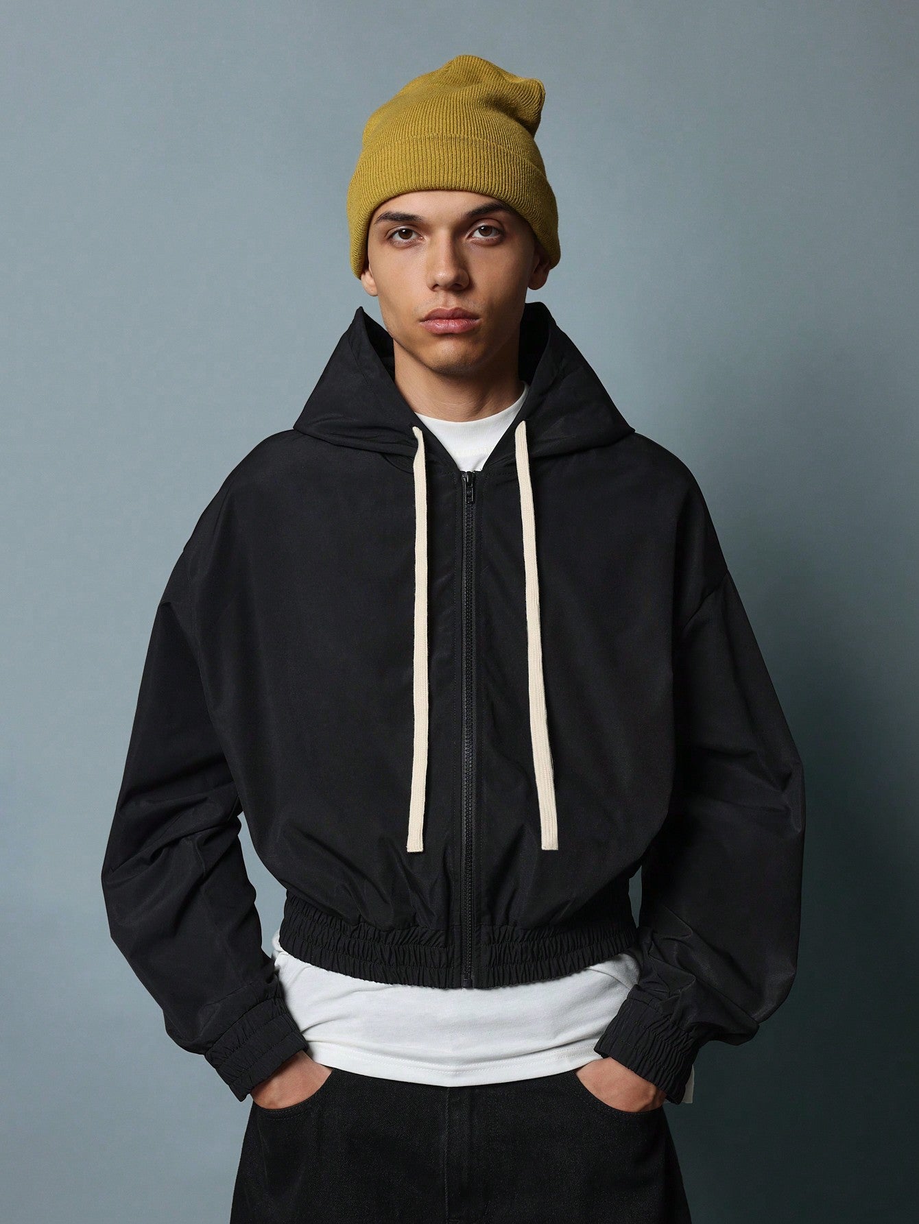 Crop Fit Zip Up Nylon Hooded Jacket With Contrast Cords