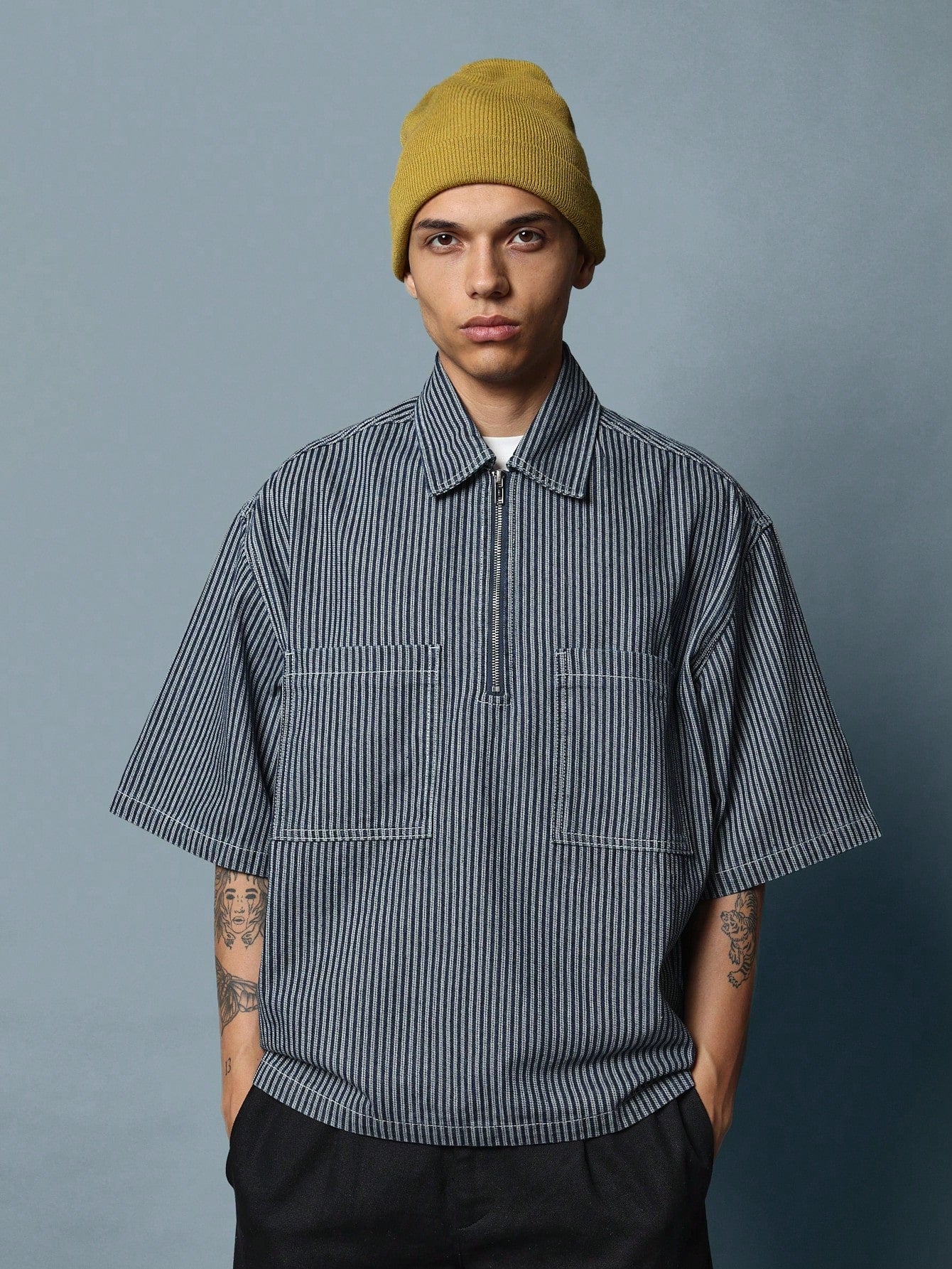 Boxy Fit Denim Stripe Half Zip Short Sleeve Shirt