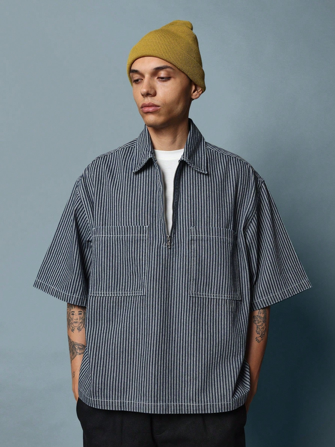 Boxy Fit Denim Stripe Half Zip Short Sleeve Shirt