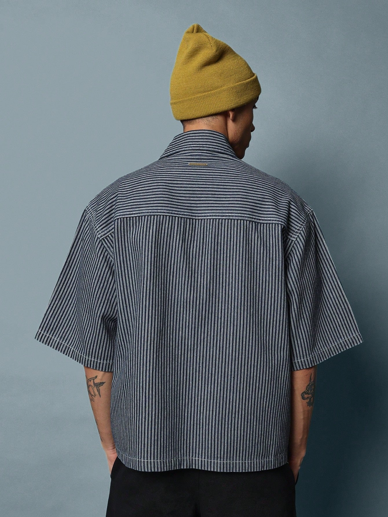 Boxy Fit Denim Stripe Half Zip Short Sleeve Shirt