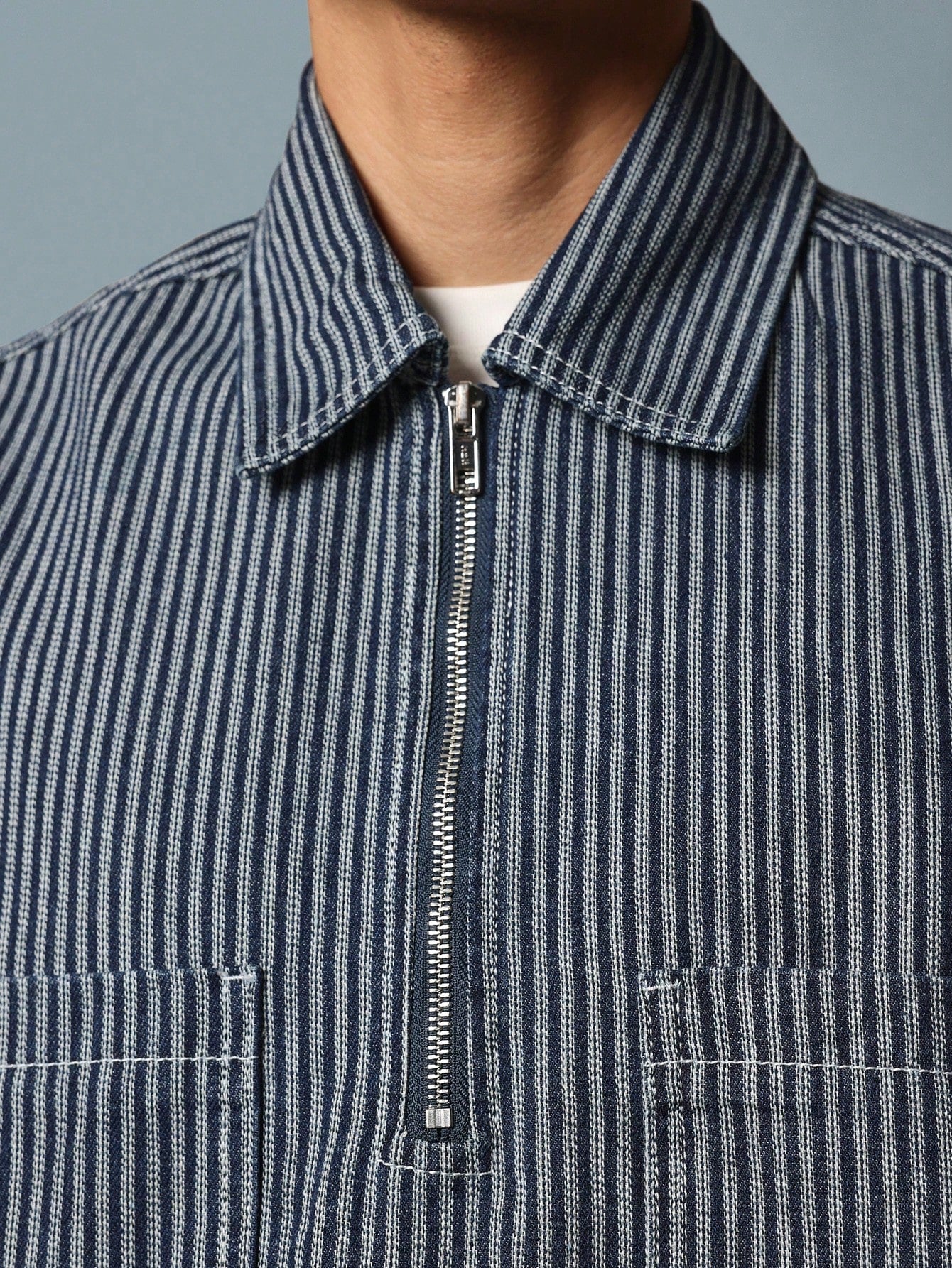 Boxy Fit Denim Stripe Half Zip Short Sleeve Shirt