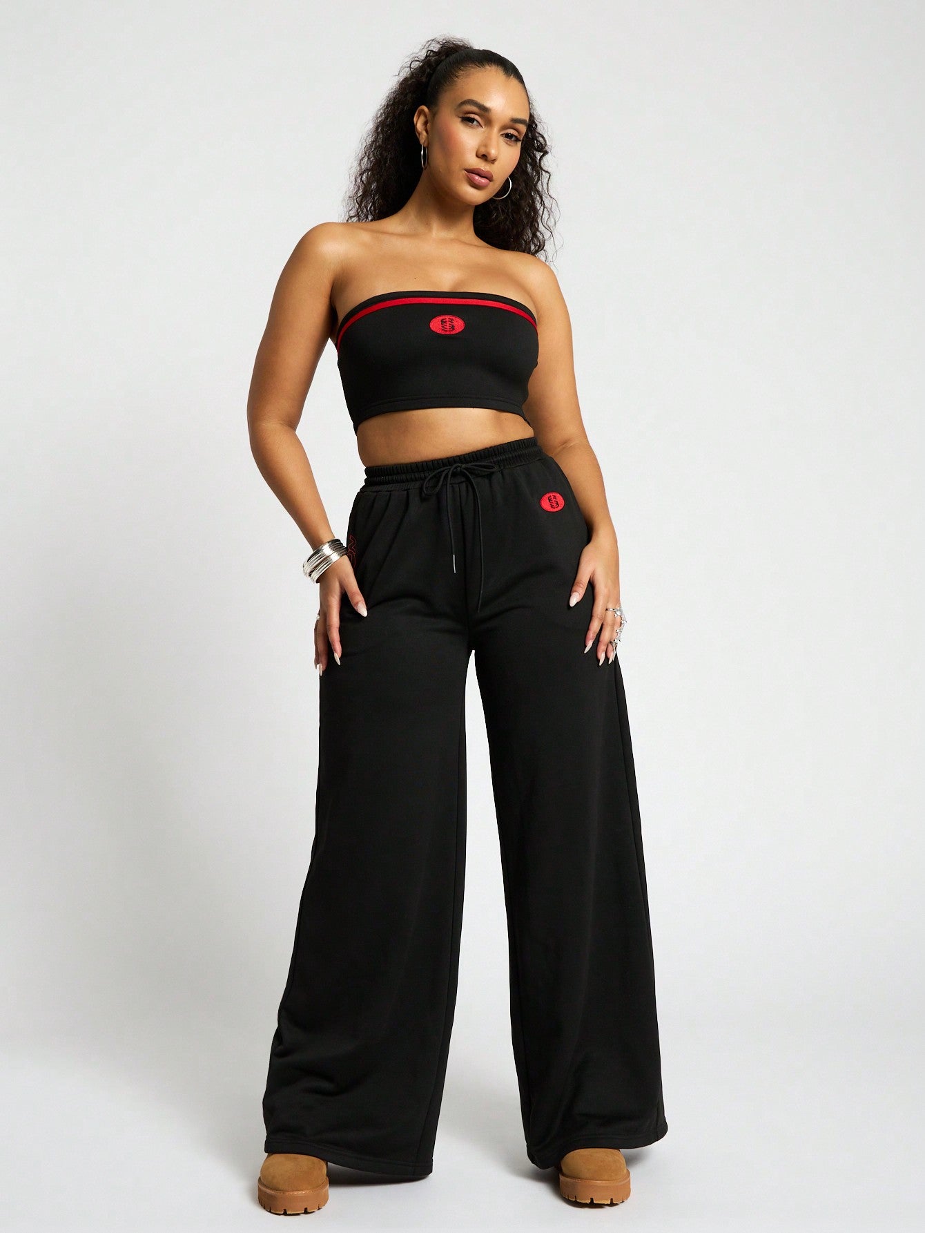 SUMWON WOMEN Graphic Bandeau Crop Top And Wide Leg Jogger Set