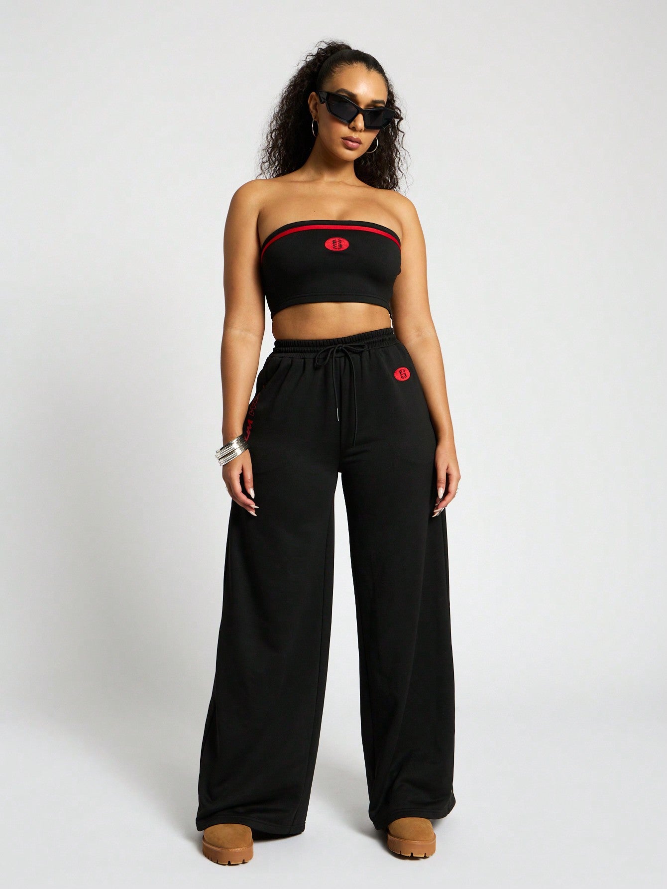 SUMWON WOMEN Graphic Bandeau Crop Top And Wide Leg Jogger Set