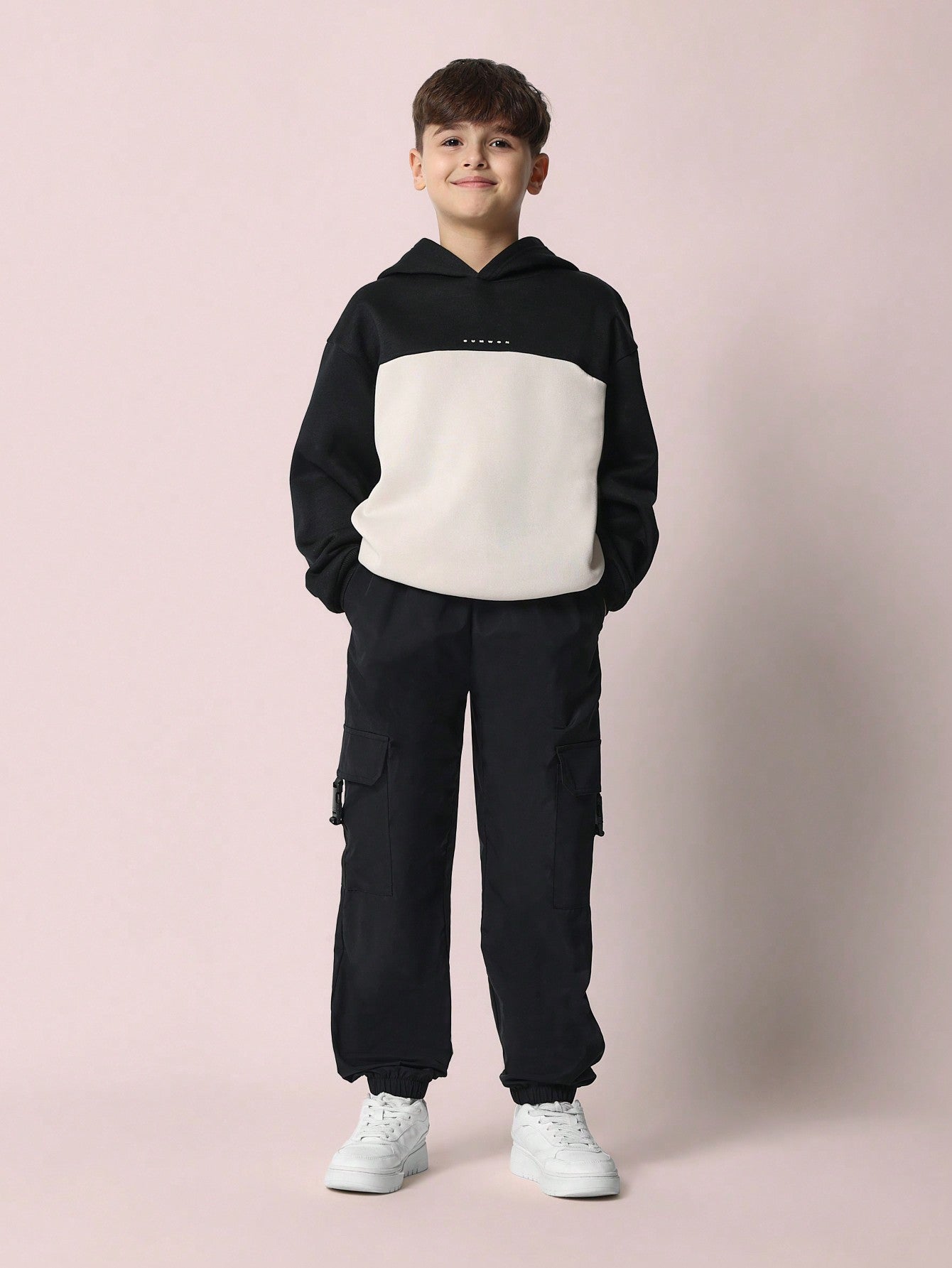 Tween Boys Comfy Regular Fit Contrast Panel Overhead Hoodie And Nylon Cargo Jogger 2 Piece Set