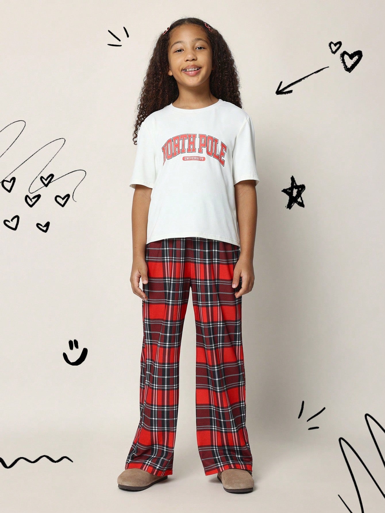 Tween Girls Comfy Christmas Regular Fit Graphic Printed Tee And Check Pant 2 Piece Pyjama Set