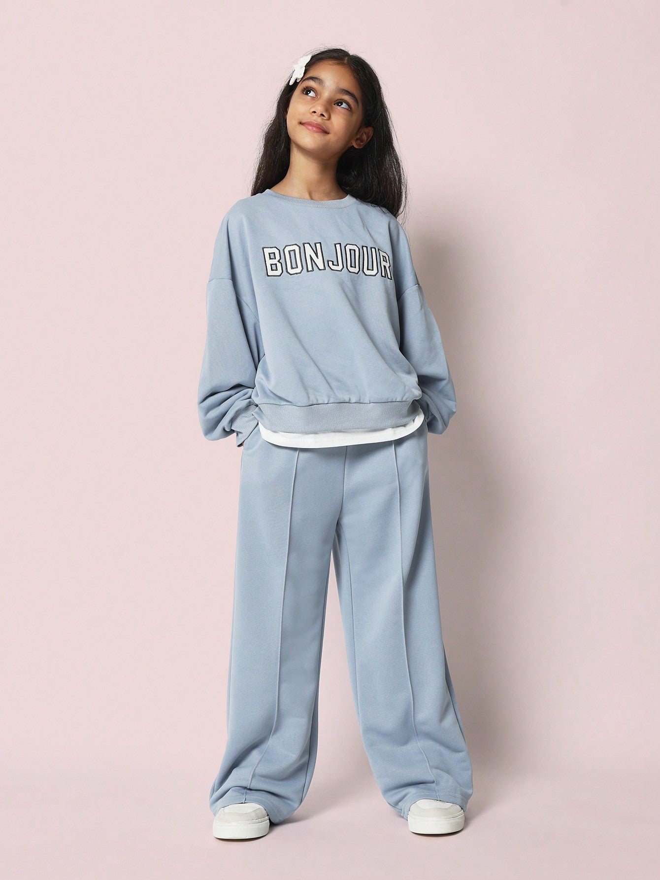 Tween Girls Heavyweight Essential Sweatshirt With Bonjour Applique And Jogger With Pintuck 2 Piece Set