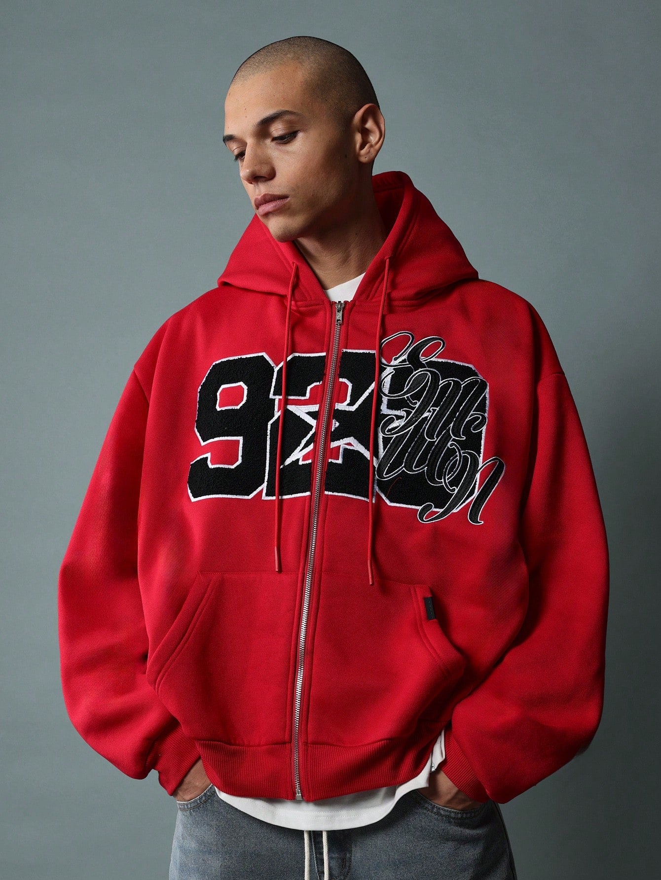 Regular Fit Zip Through Hoodie With Embroidered Towel Applique