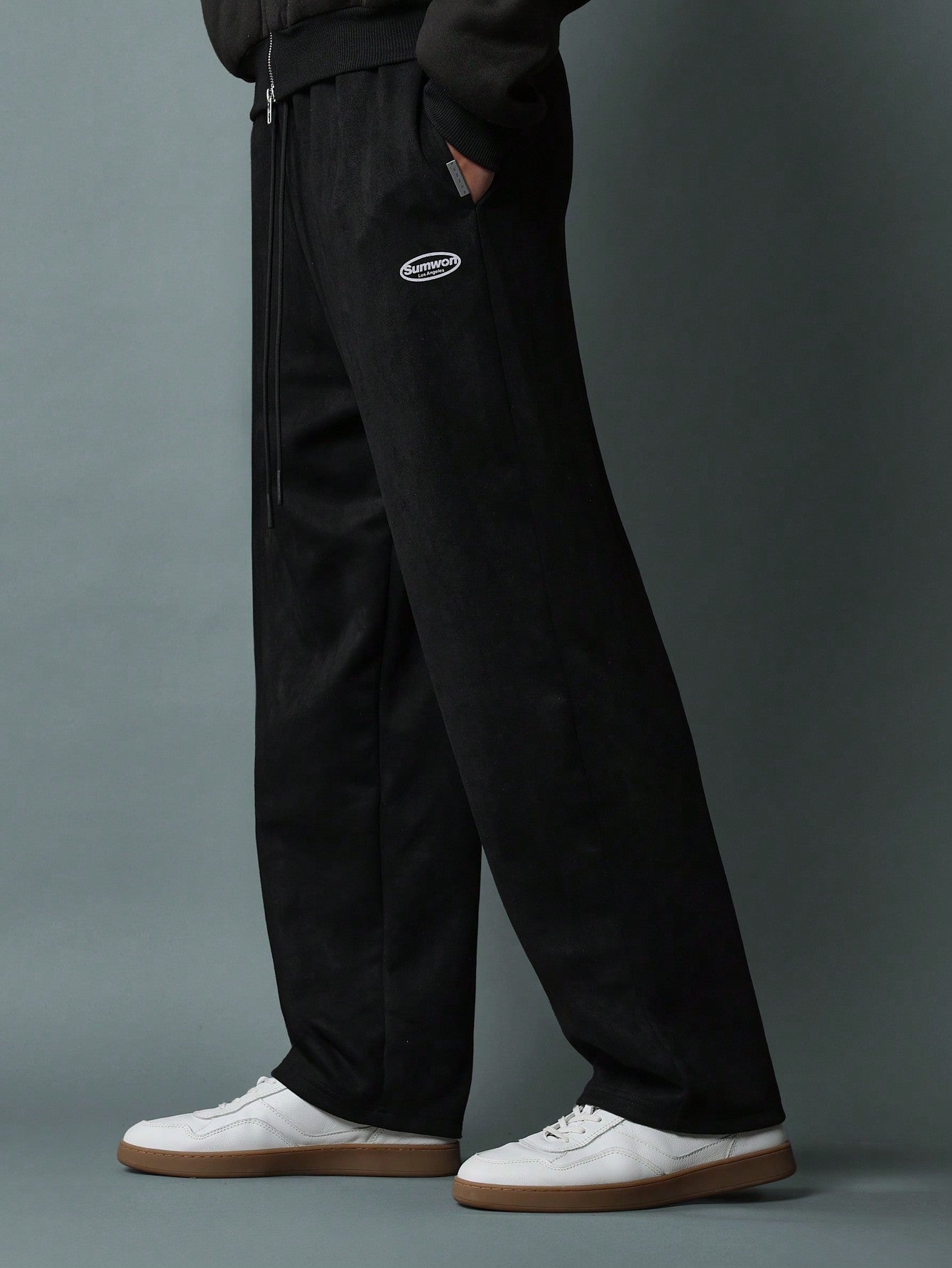 Drop Crotch Suedette Sweatpants With Logo Embroidery & Drawstrings