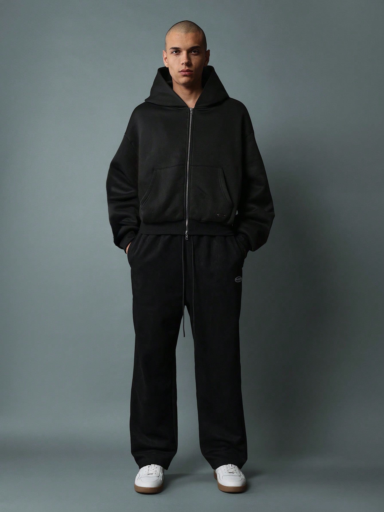 Drop Crotch Suedette Sweatpants With Logo Embroidery & Drawstrings