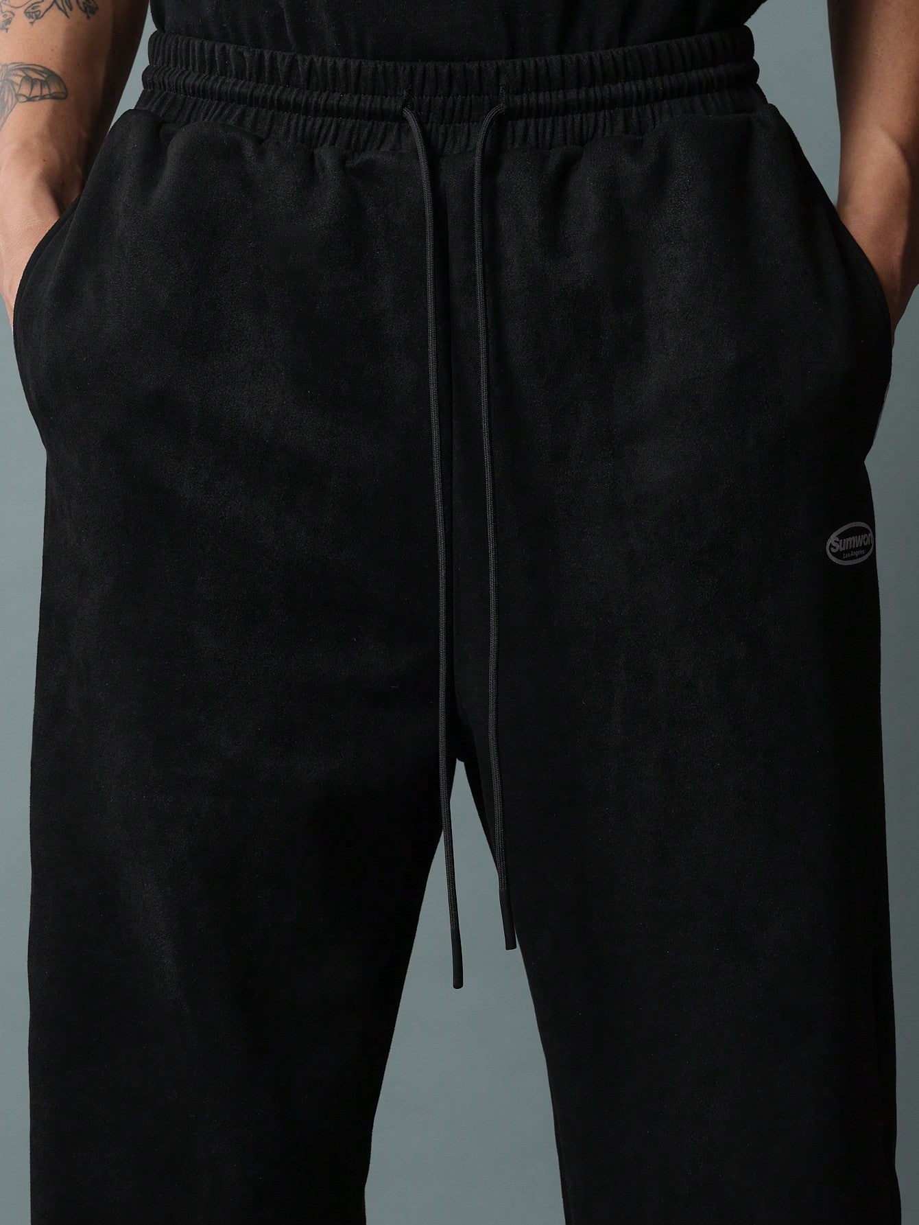 Drop Crotch Suedette Sweatpants With Logo Embroidery & Drawstrings